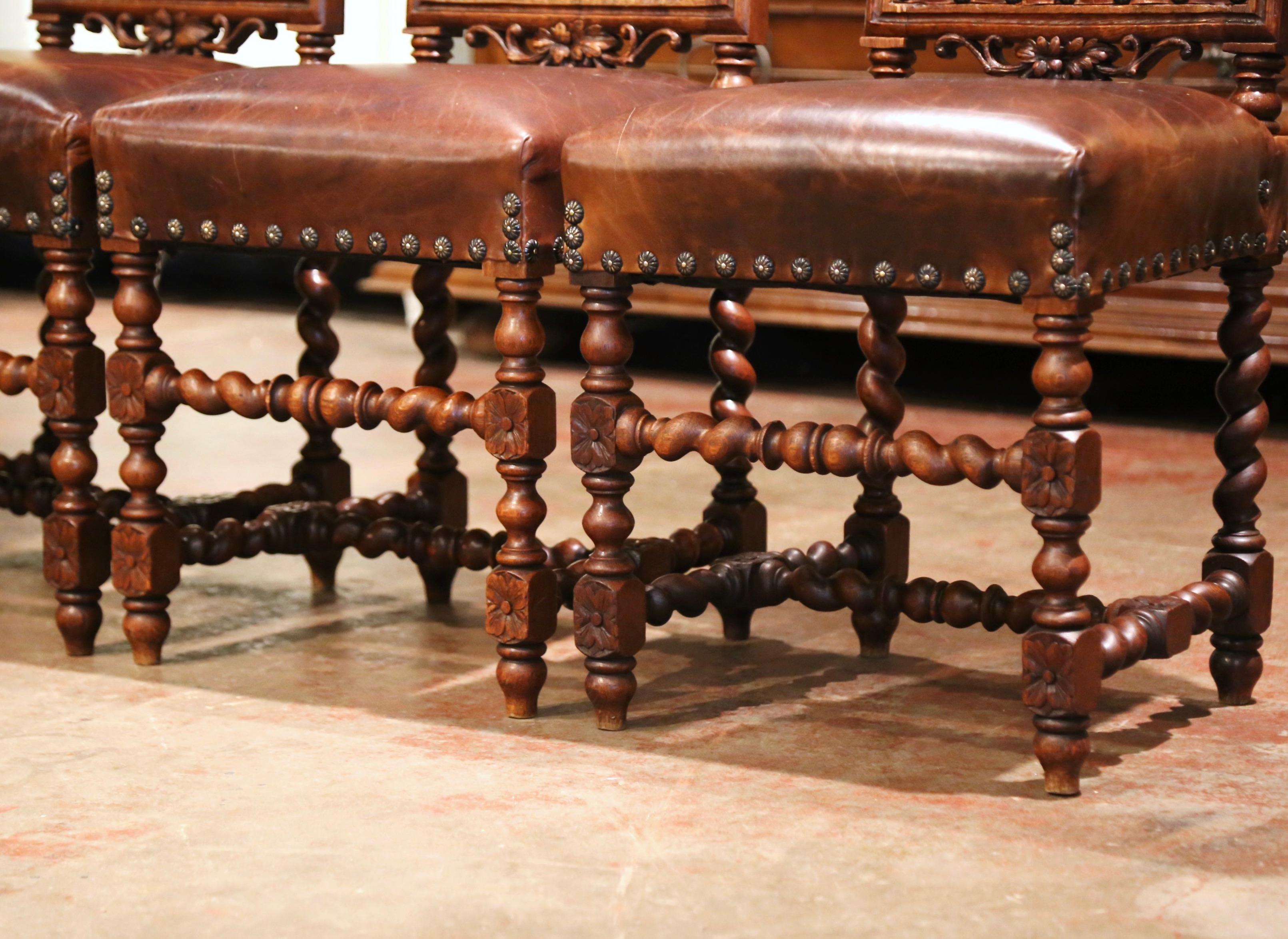 Set of Four 19th Century French Carved Oak and Leather Chairs with Hunt Motifs 6