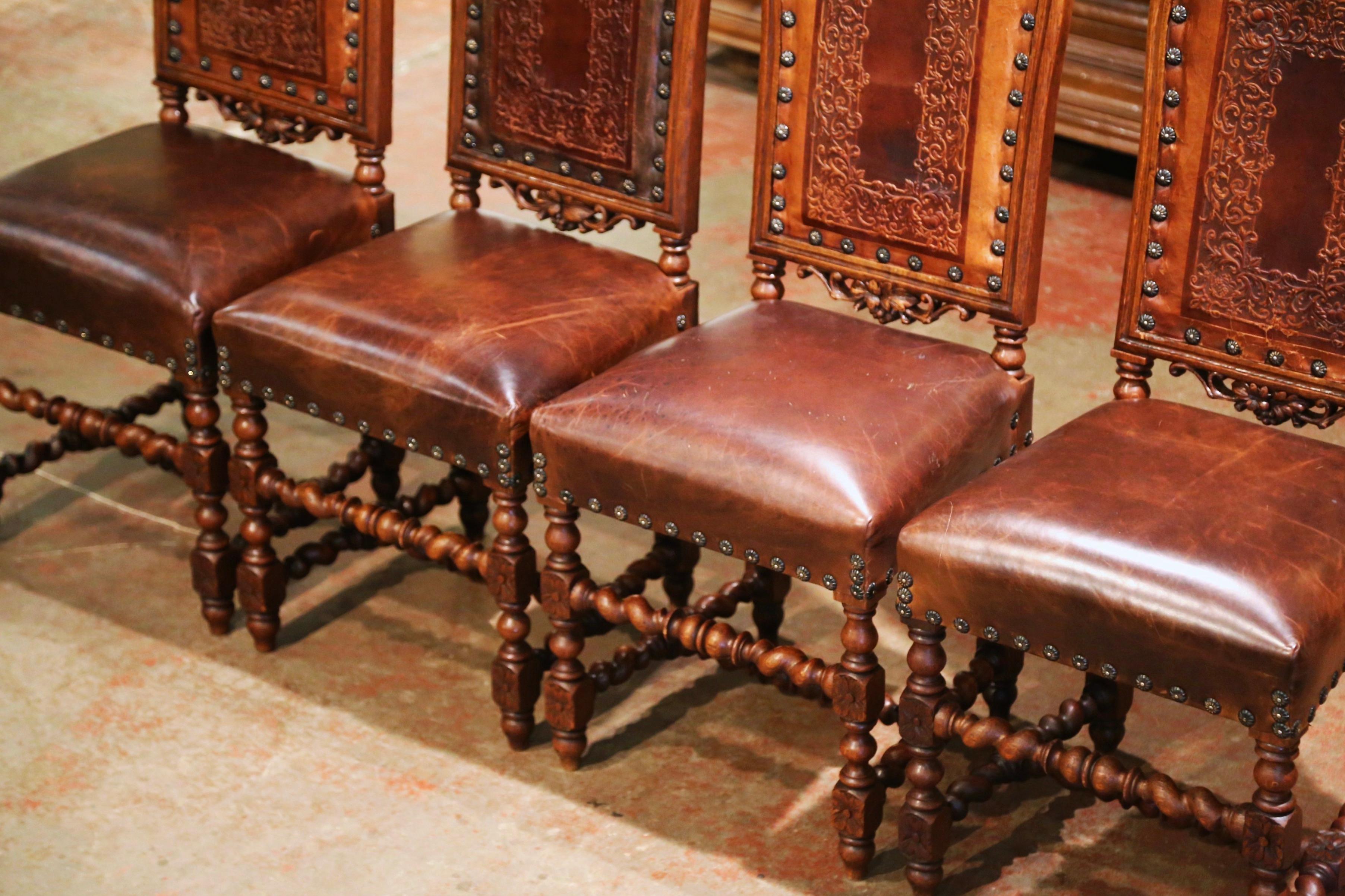 Set of Four 19th Century French Carved Oak and Leather Chairs with Hunt Motifs 7