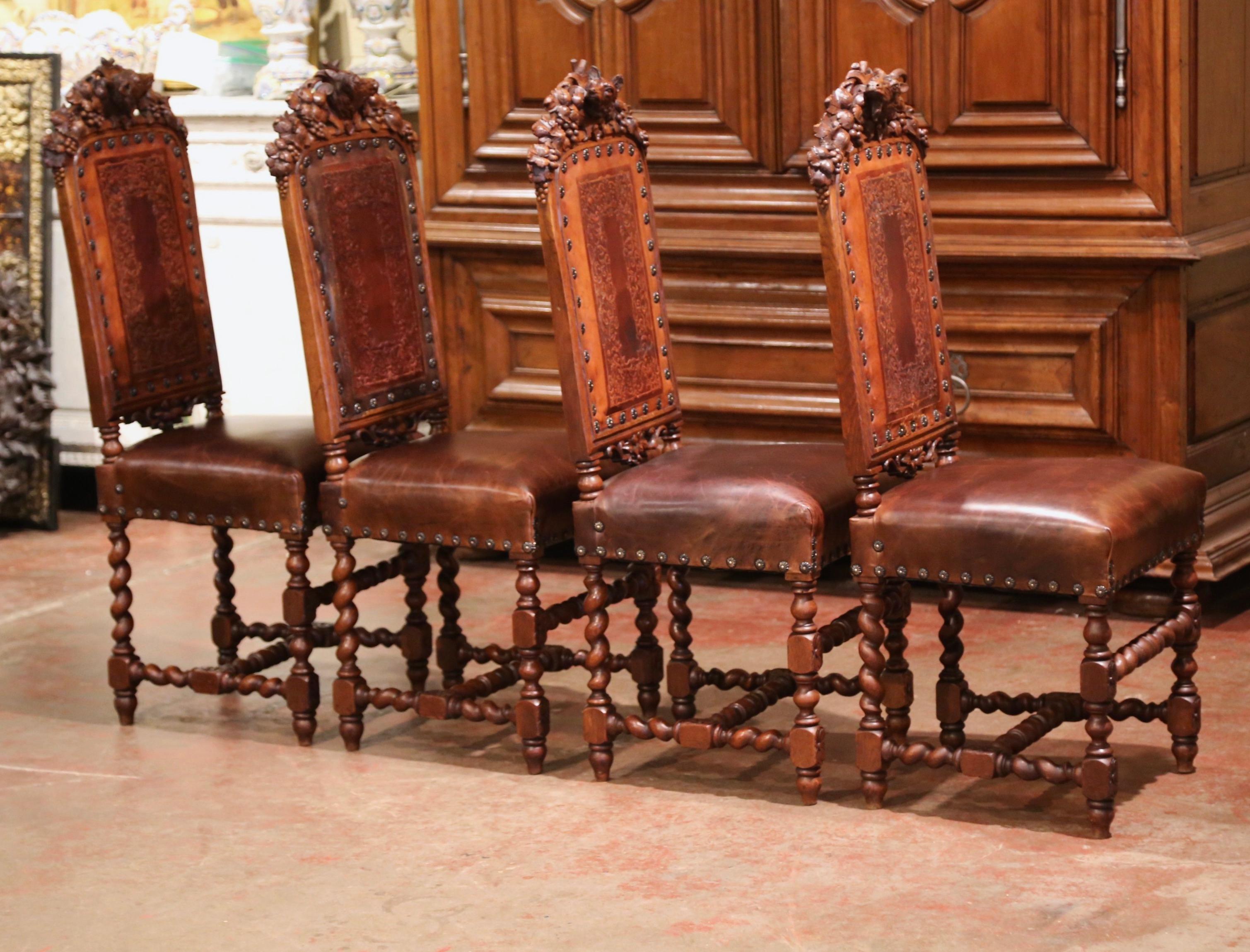 Set of Four 19th Century French Carved Oak and Leather Chairs with Hunt Motifs 8
