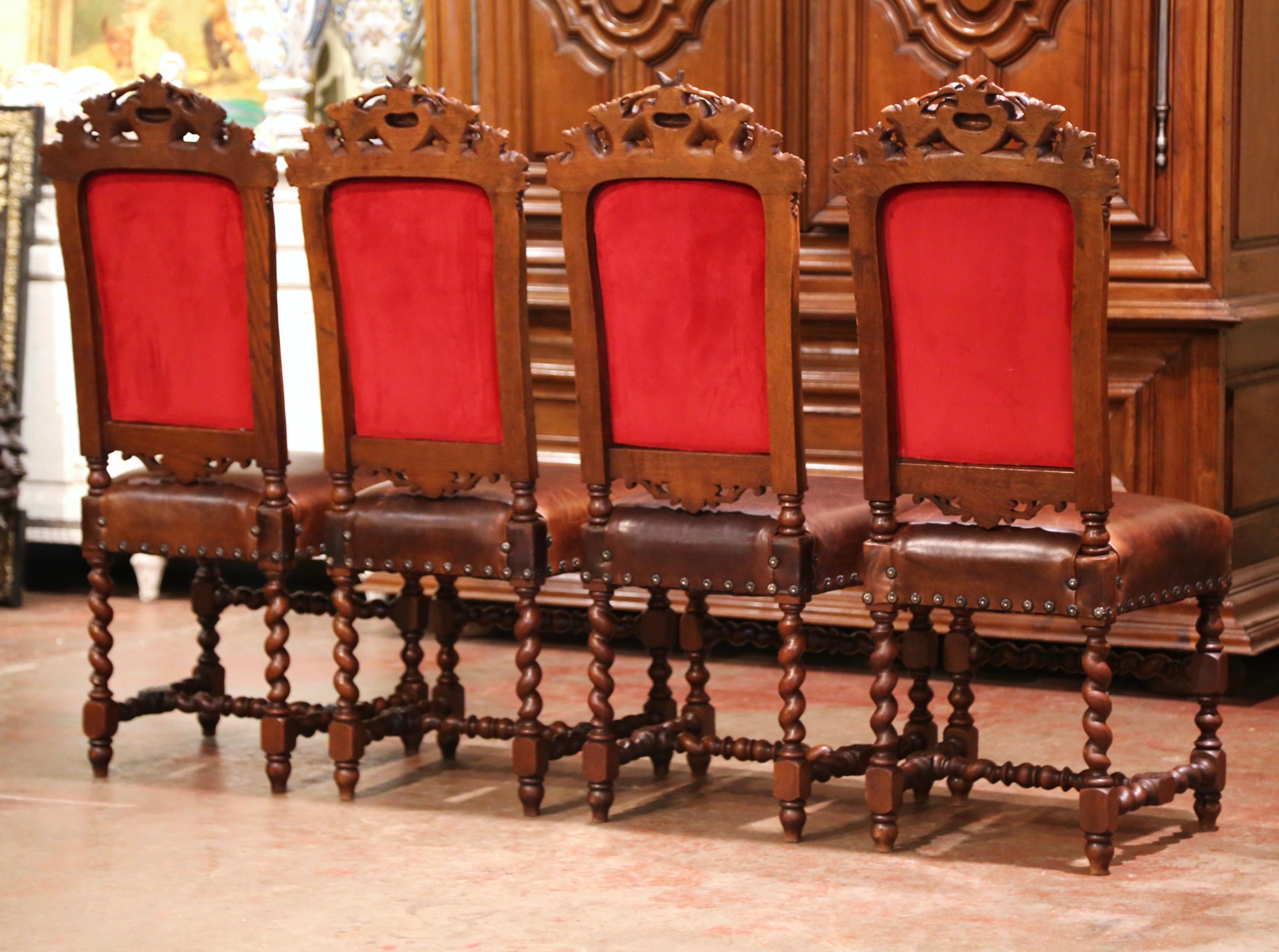 Set of Four 19th Century French Carved Oak and Leather Chairs with Hunt Motifs 9