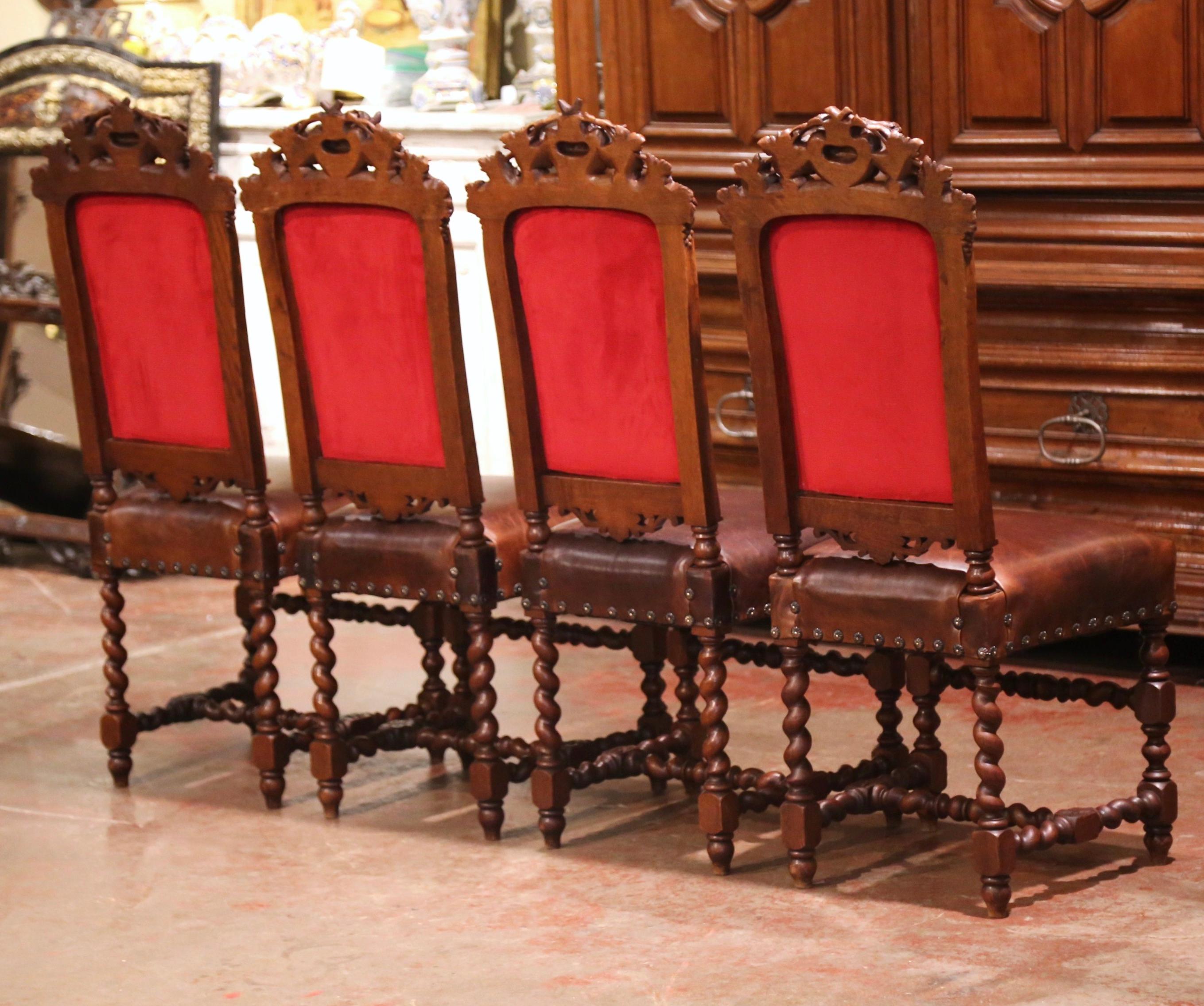 Set of Four 19th Century French Carved Oak and Leather Chairs with Hunt Motifs 10