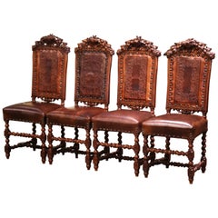 Antique Set of Four 19th Century French Carved Oak and Leather Chairs with Hunt Motifs