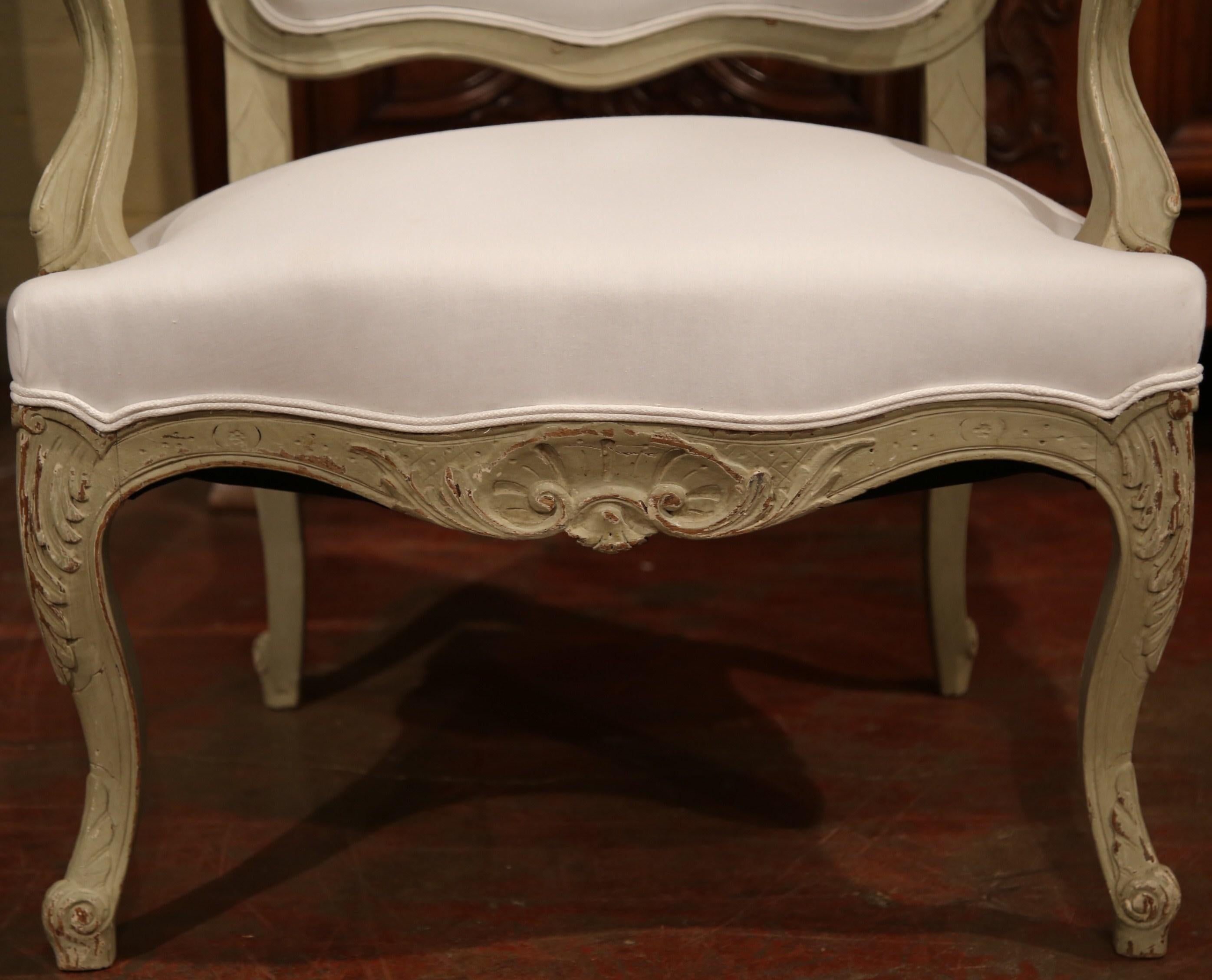 Hand-Carved Set of Four 19th Century French Louis XV Carved Painted Armchairs from Provence