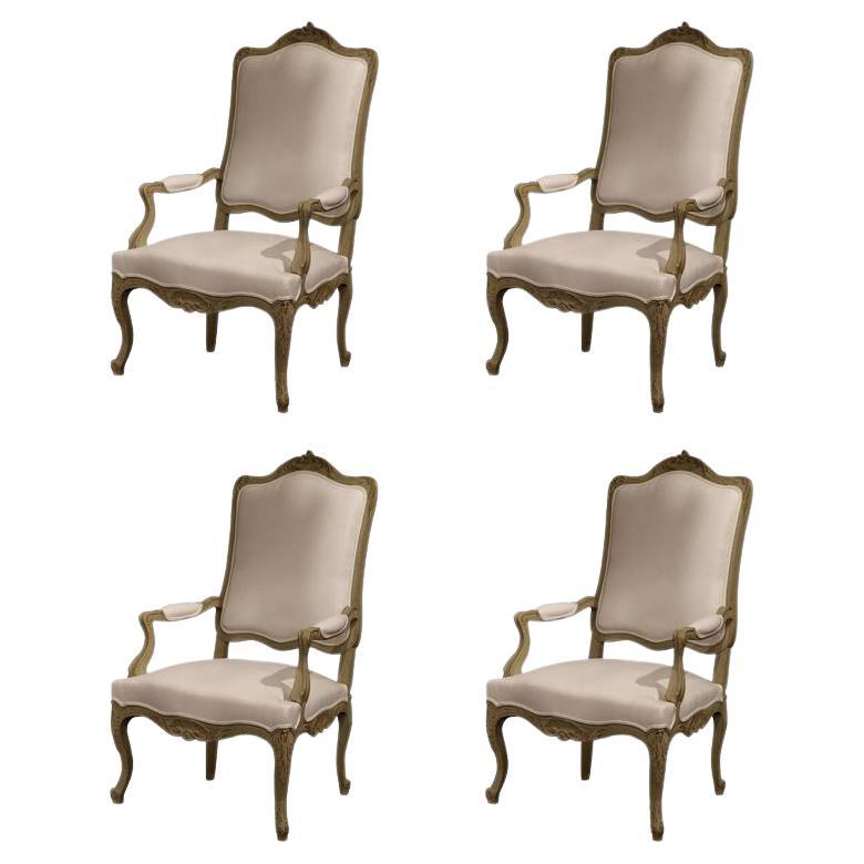 Set of Four 19th Century French Louis XV Carved Painted Armchairs from Provence