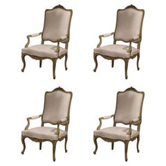 Set of Four 19th Century French Louis XV Carved Painted Armchairs from Provence