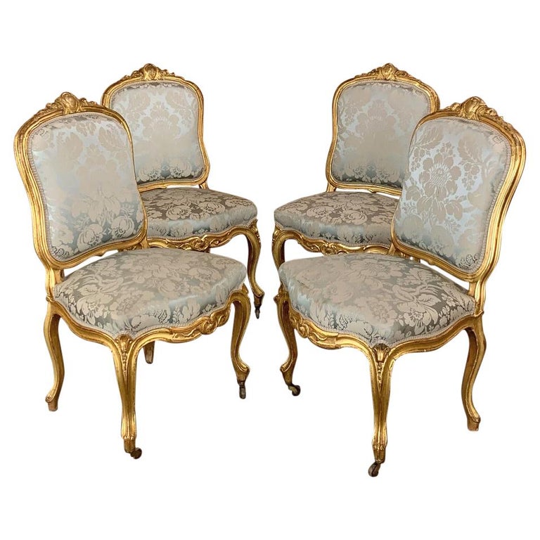 Set of Four French Louis XV Rococo Style Giltwood Carved Side Chairs For  Sale at 1stDibs