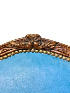 Set di quattro sedie francesi Luigi XV del XIX secolo in noce con pelle blu cielo