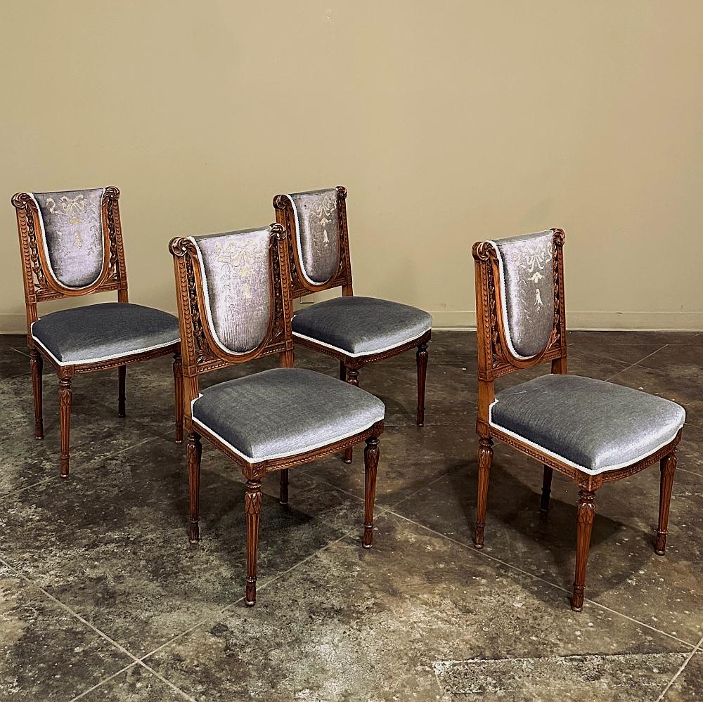 Hand-Carved Set of Four 19th Century French Louis XVI Walnut Salon Chairs with Mohair For Sale