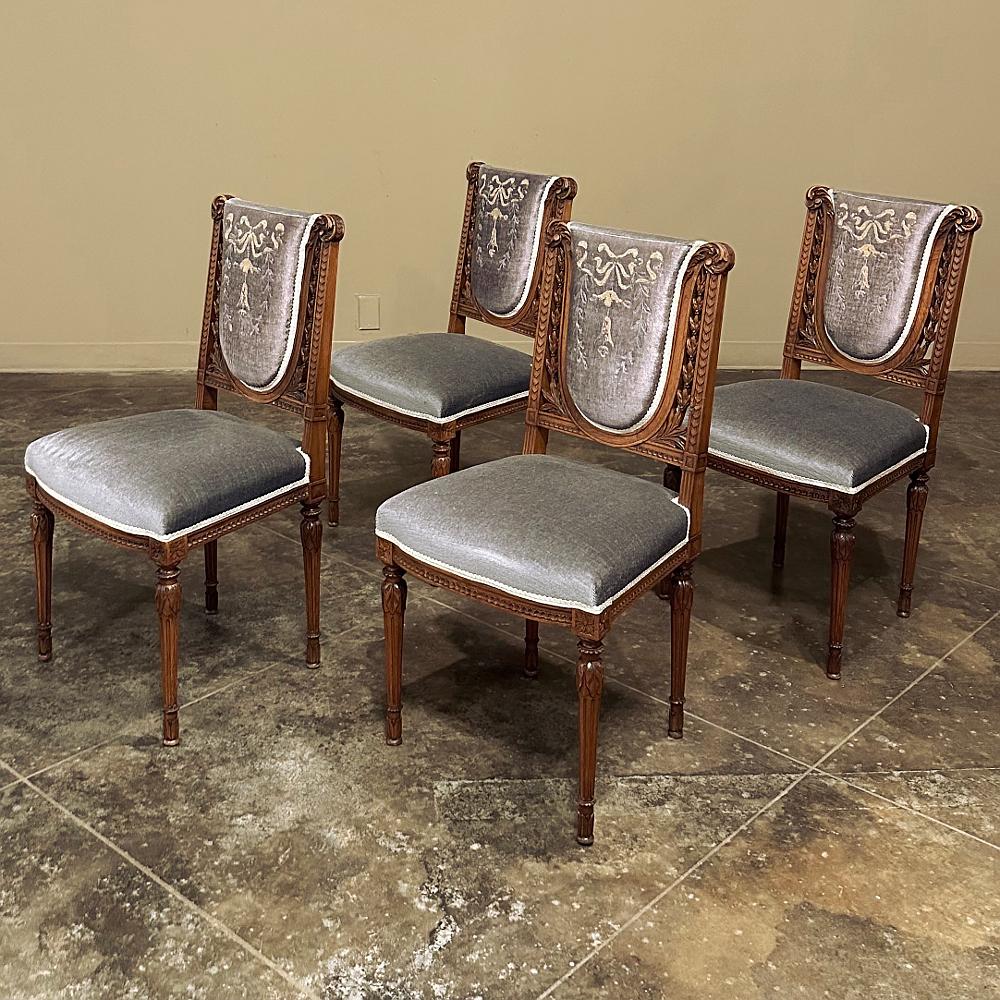 Set of Four 19th Century French Louis XVI Walnut Salon Chairs with Mohair In Good Condition For Sale In Dallas, TX