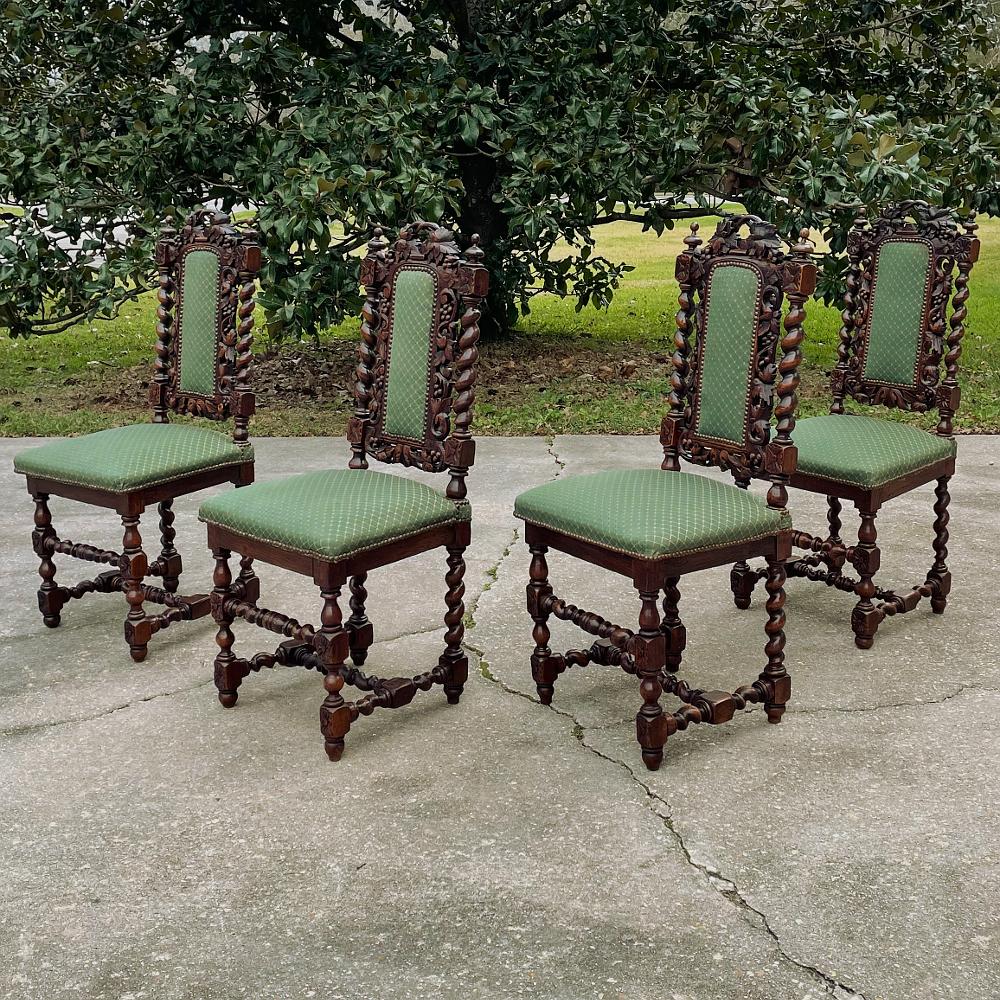 Set of four 19th century French Renaissance Barley twist chairs are perfect for a cozy breakfast nook, a wine room, or just to spread about the home or office for occasional use! Hand-carved from dense, old-growth oak, each features an incredible