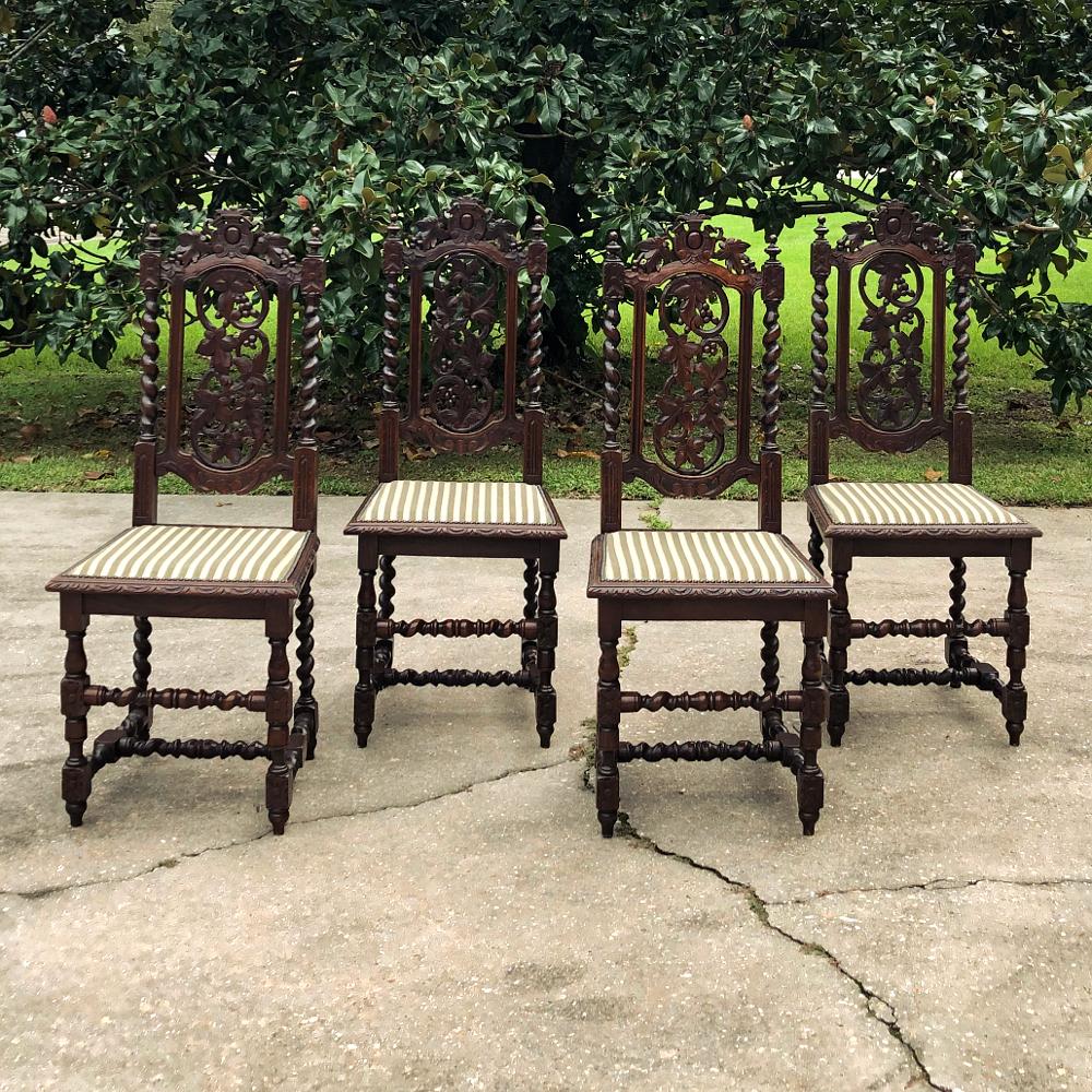 Set of Four 19th Century French Renaissance chairs are ideal for the wine room, game room, or as occasional seating throughout the home! The uprights below and above, along with the horizontal stretchers, have all been turned in the barley twist
