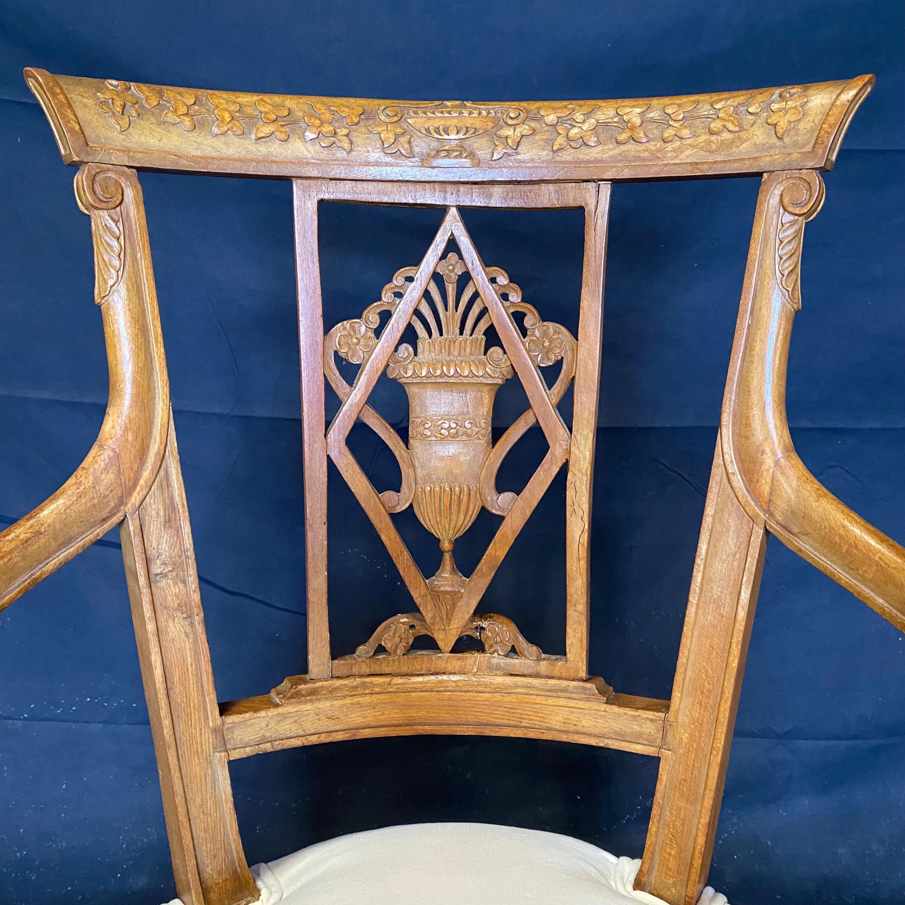 Upholstery Set of Four 19th Century French Walnut Carved Neoclassical Dining Armchairs For Sale