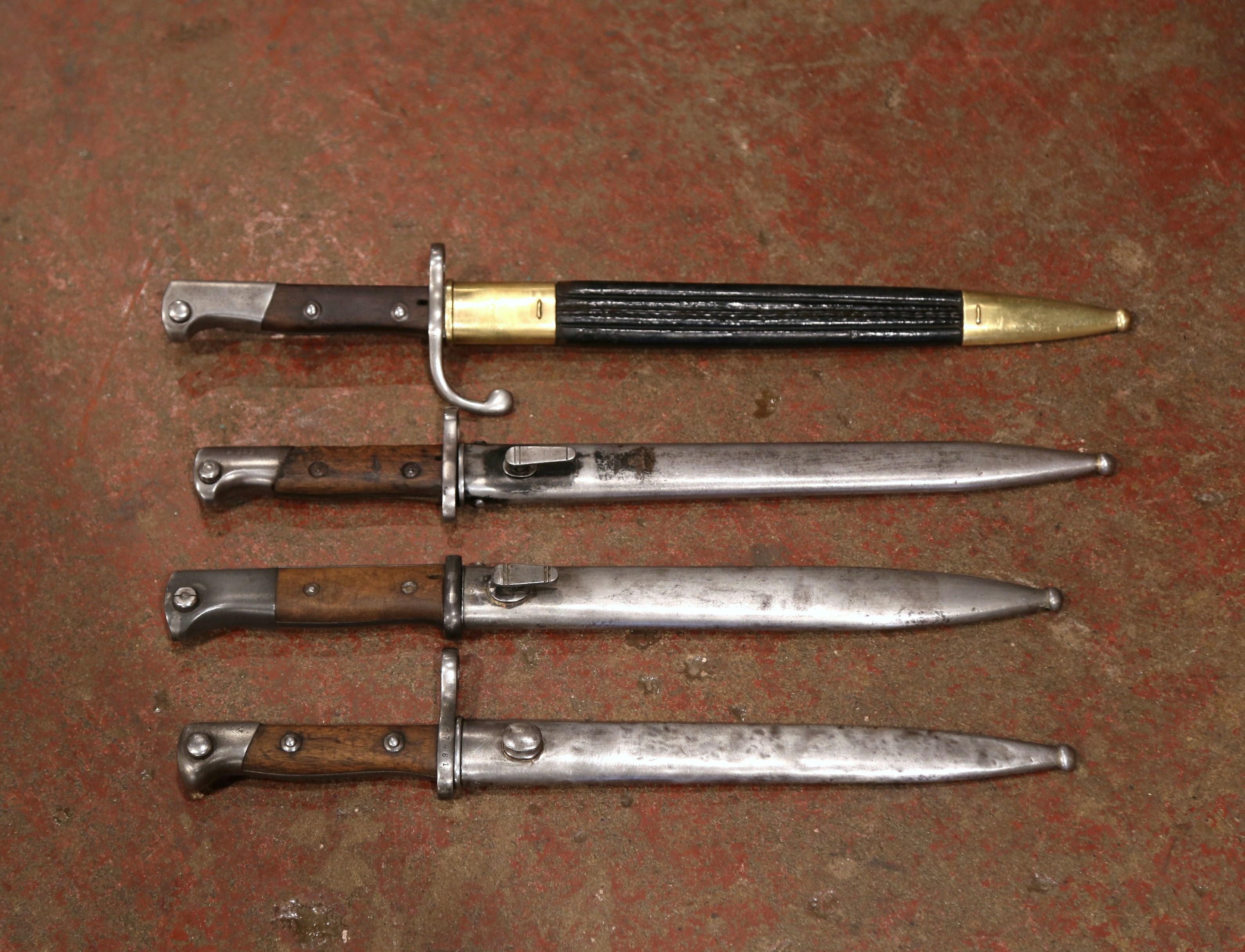 Hand-Crafted Set of Four 19th Century German Iron Bayonets and Sheaths with Wood Handles