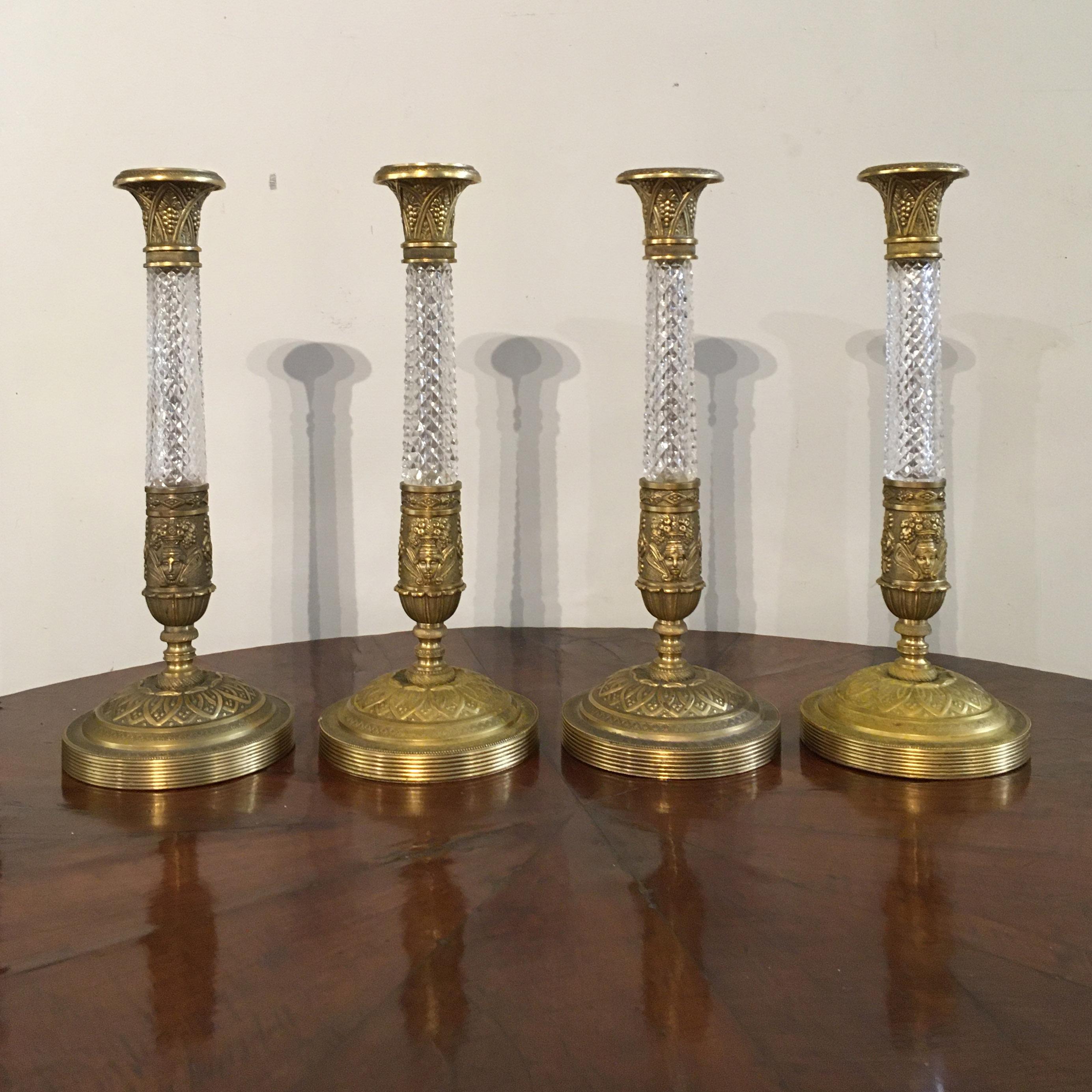 Set of Four 19th Century Italian Crystal and Gilt Bronze Candlesticks For Sale 7