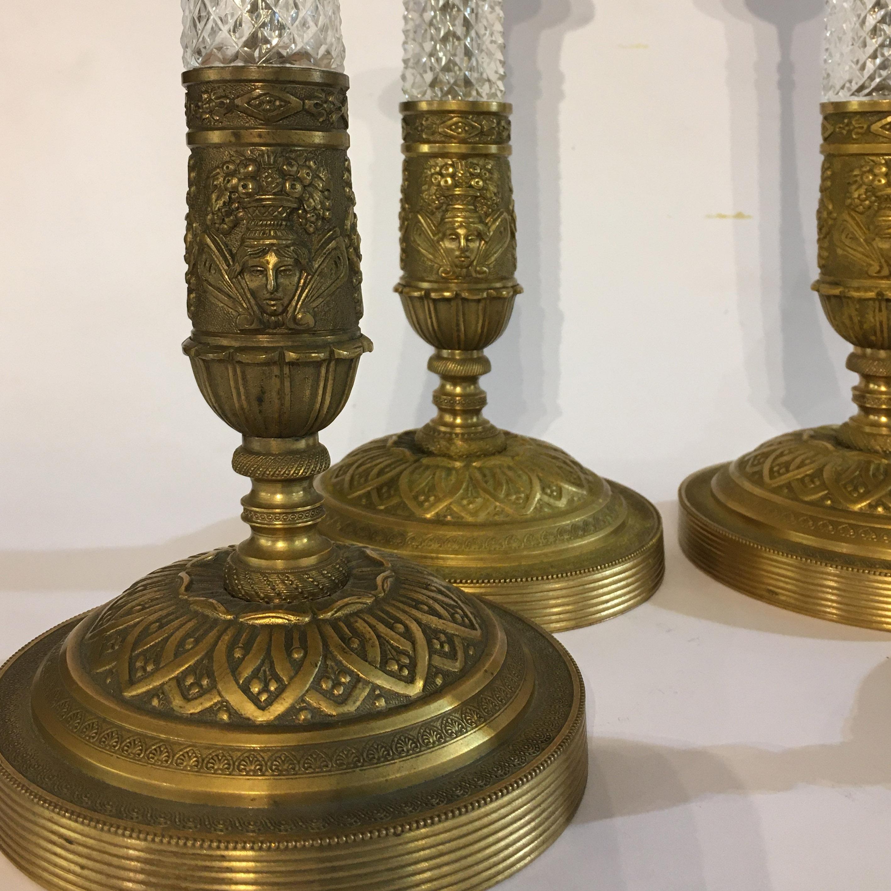 Set of Four 19th Century Italian Crystal and Gilt Bronze Candlesticks In Good Condition For Sale In Firenze, IT