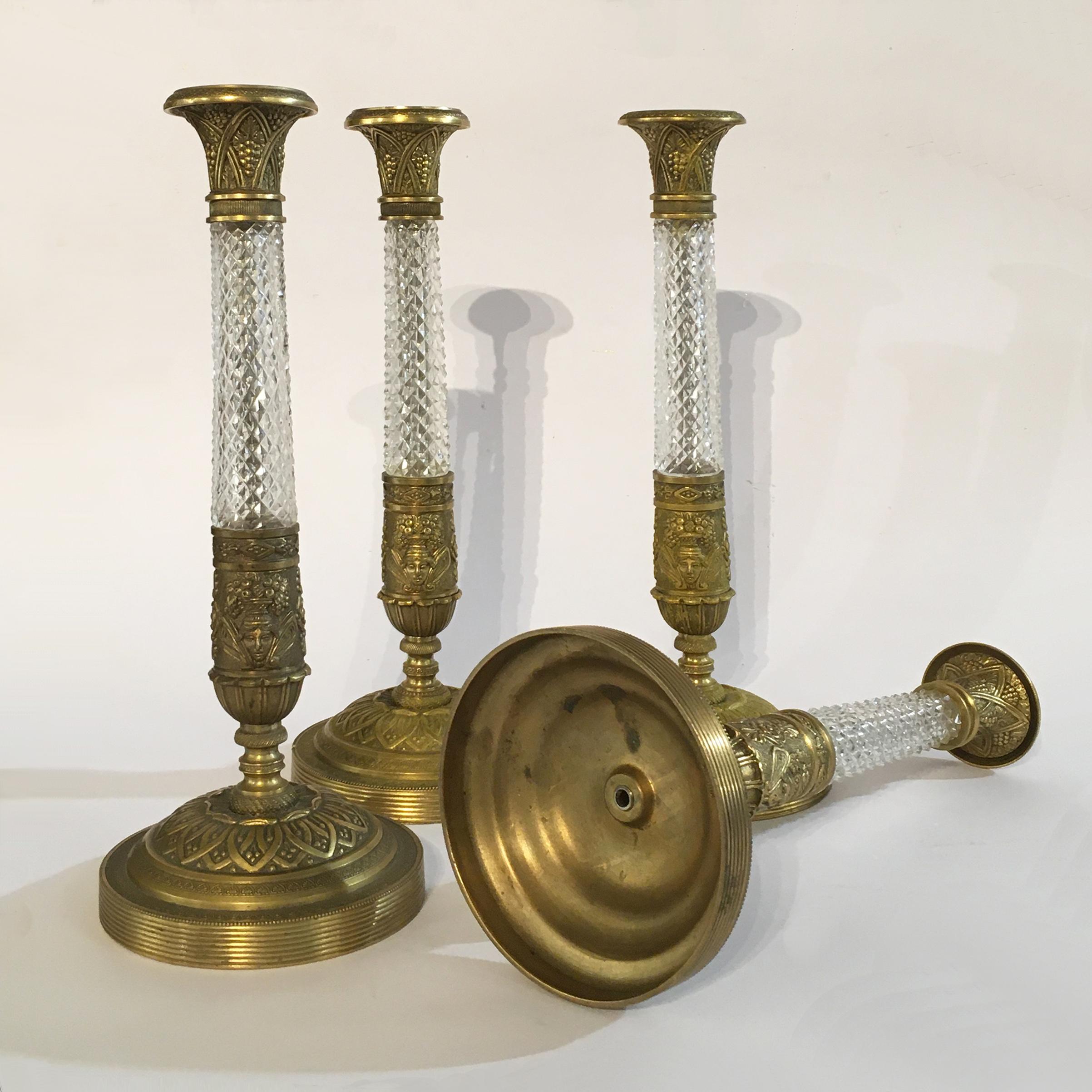 Set of Four 19th Century Italian Crystal and Gilt Bronze Candlesticks For Sale 3