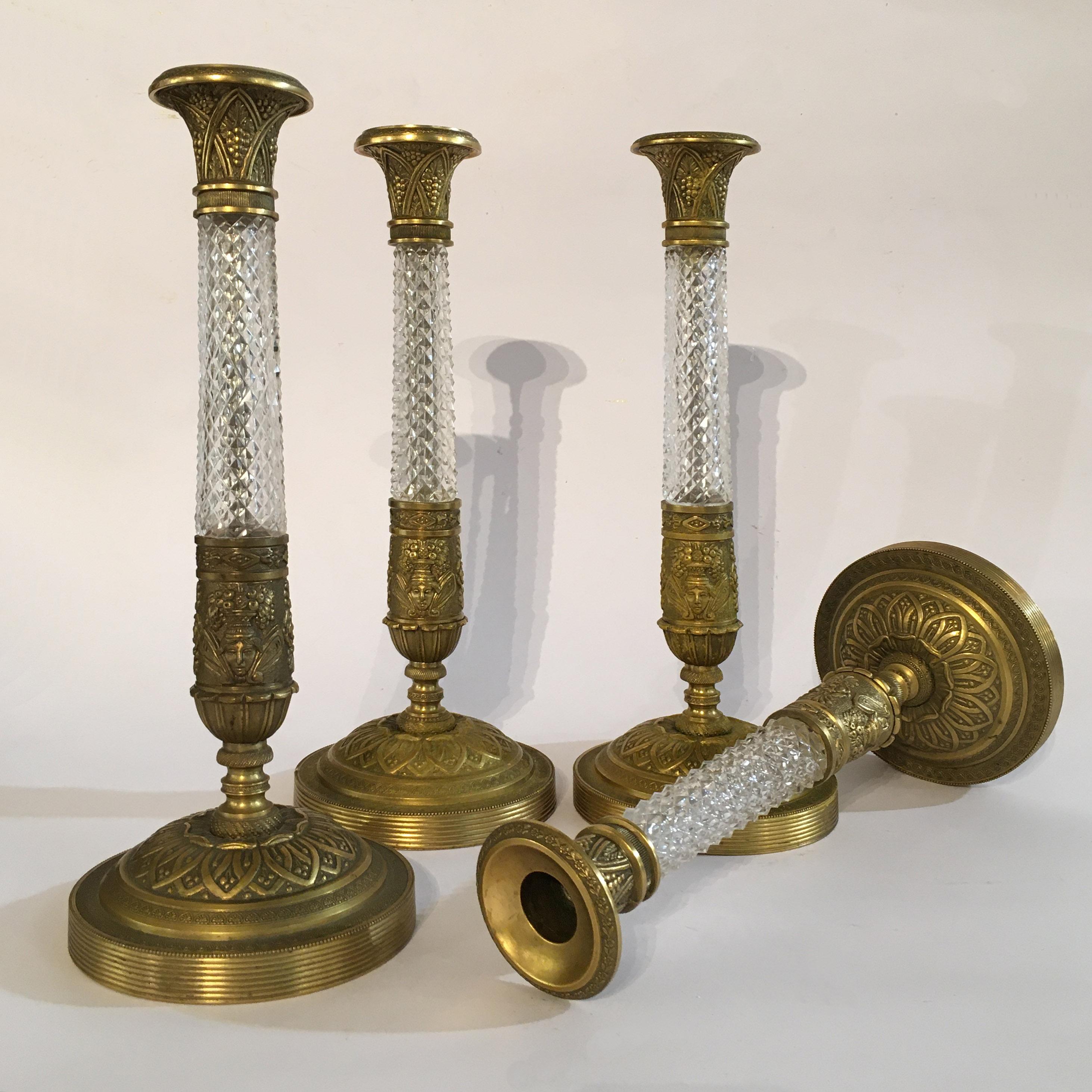 Set of Four 19th Century Italian Crystal and Gilt Bronze Candlesticks For Sale 4
