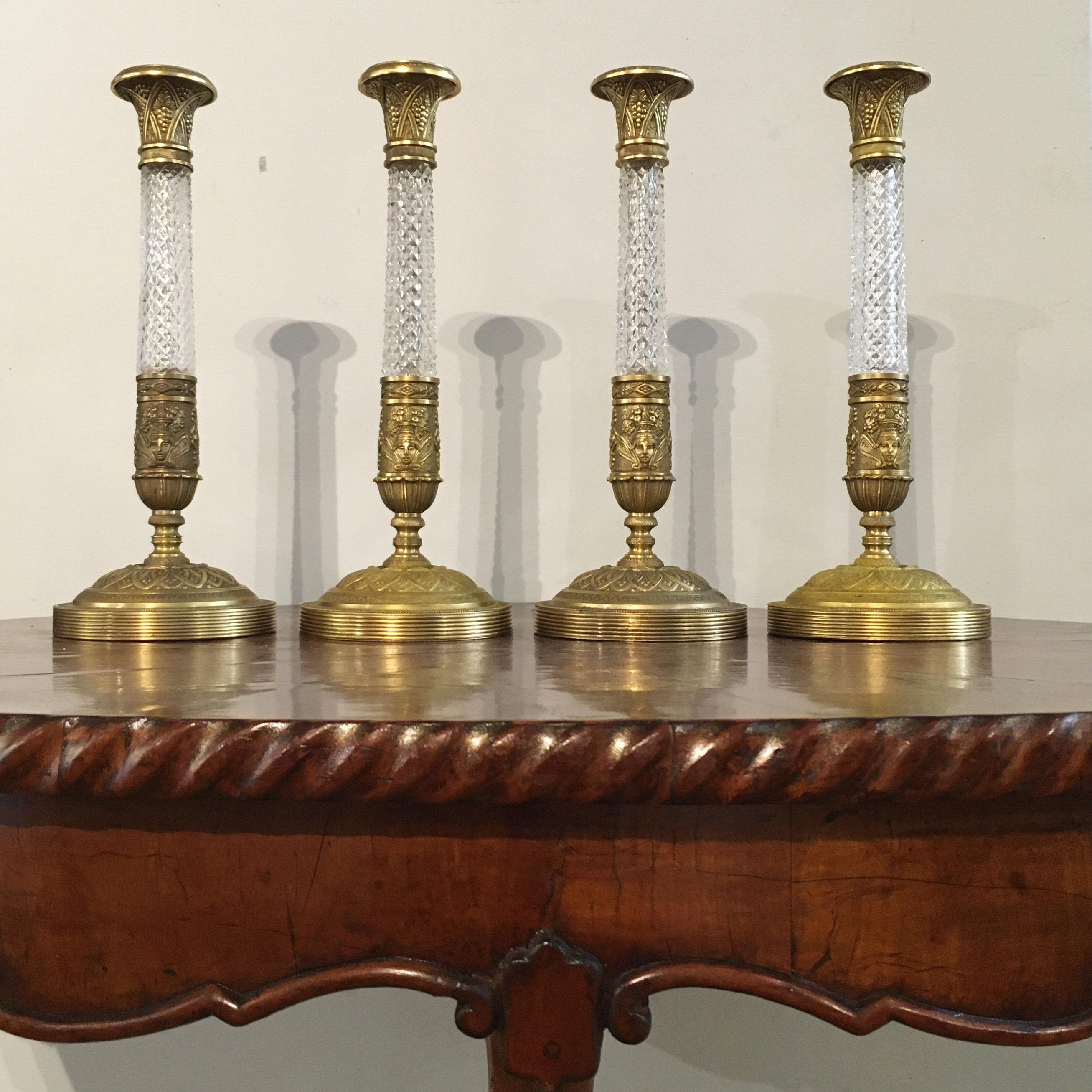 Set of Four 19th Century Italian Crystal and Gilt Bronze Candlesticks For Sale 6