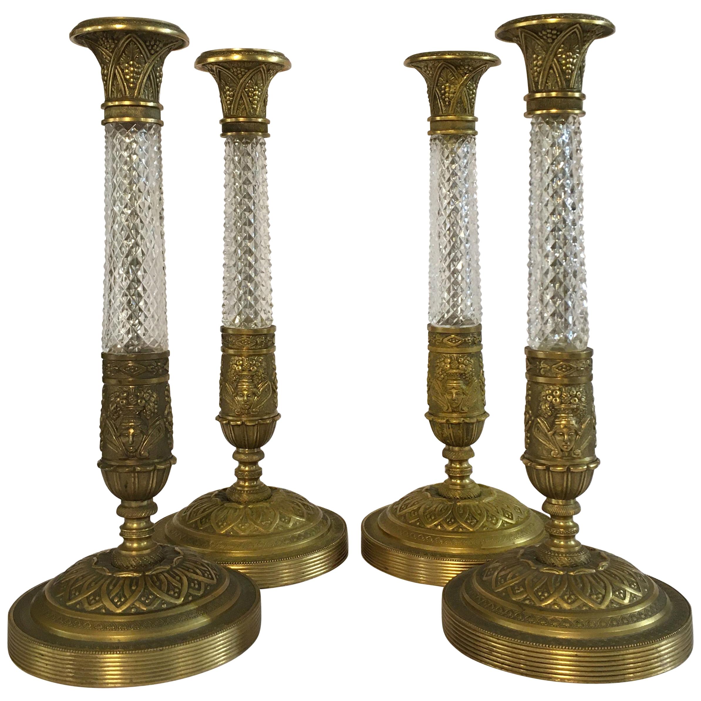 Set of Four 19th Century Italian Crystal and Gilt Bronze Candlesticks For Sale
