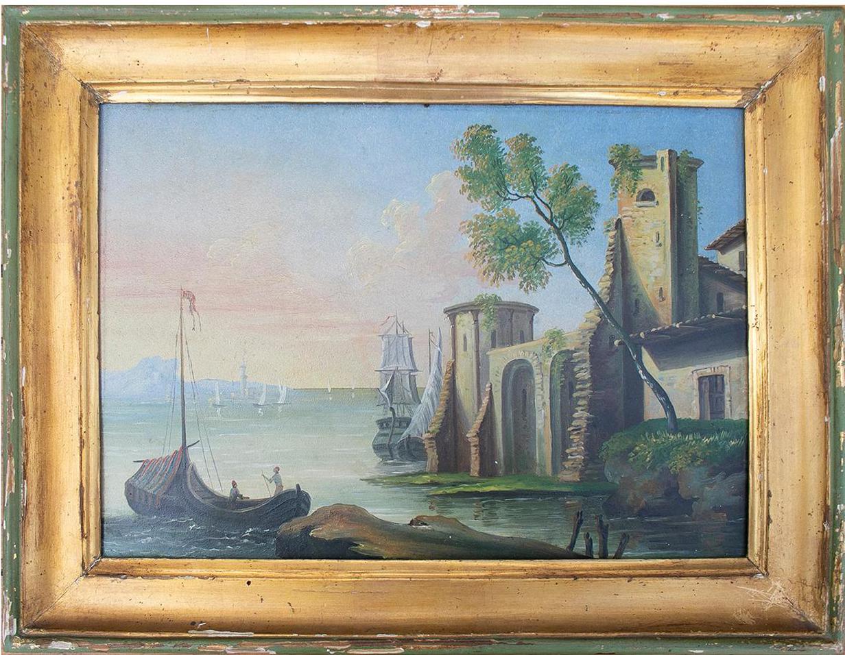 Ensemble de quatre peintures italiennes anciennes du 19ème siècle à l'huile sur bois de paysages de marina avec cadres en bois peints

Mesures avec cadre : 34 x 44 x 3cm.