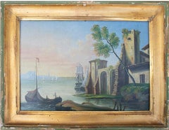 Set of Four 19th Century Italian Oil on Wood Marina Landscape Paintings w/ Frame