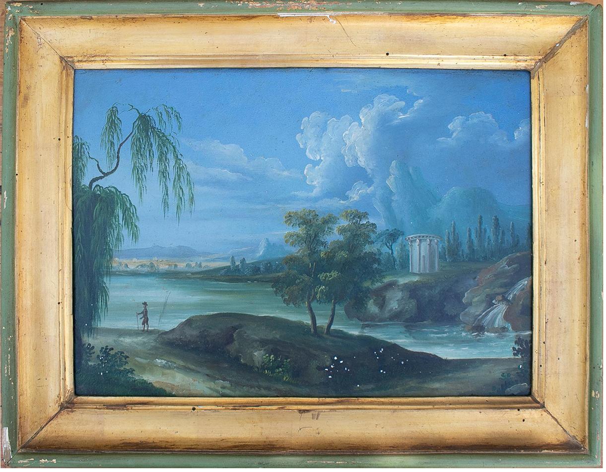 Hand-Painted Set of Four 19th Century Italian Oil on Wood Marina Landscape Paintings w/ Frame For Sale