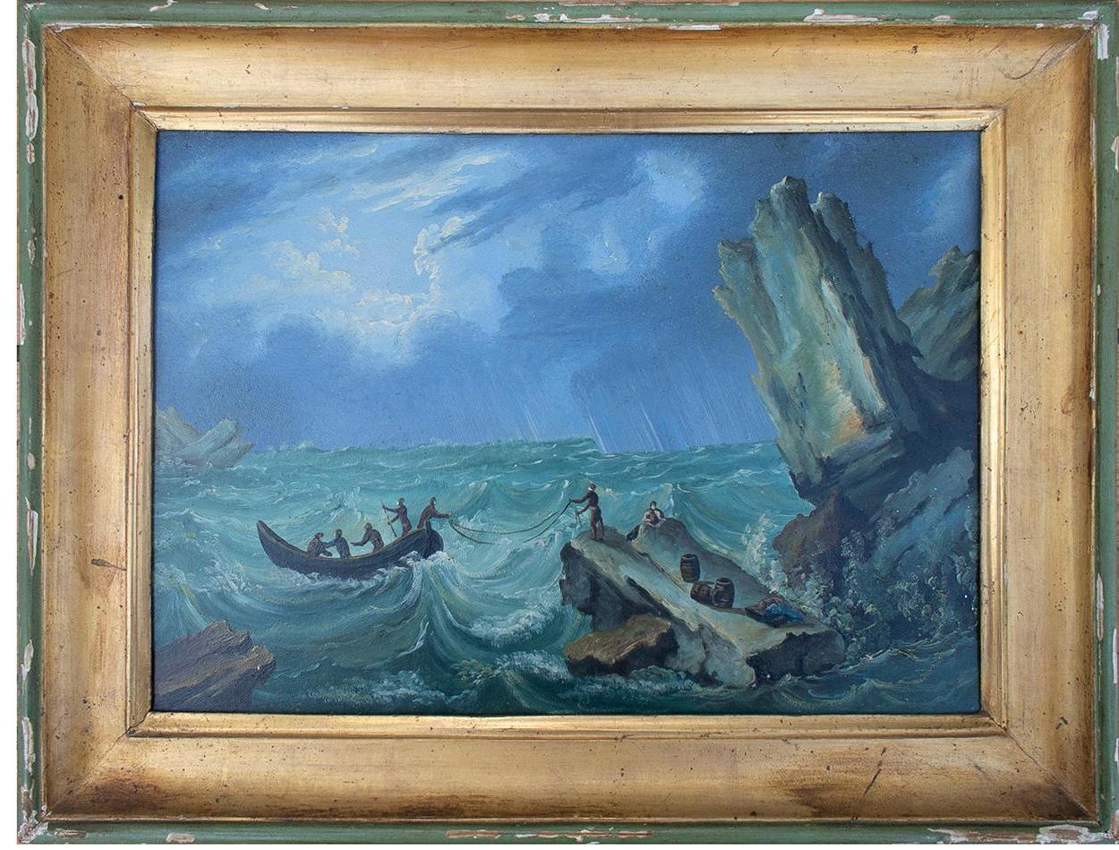 Ensemble de quatre peintures italiennes du 19ème siècle à l'huile sur bois de paysage de Marina avec cadre Bon état - En vente à Marbella, ES