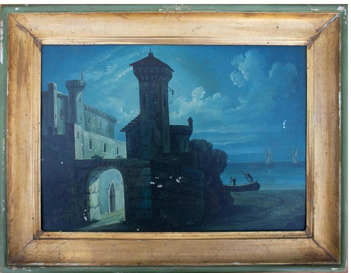 Set of Four 19th Century Italian Oil on Wood Marina Landscape Paintings w/ Frame For Sale 1