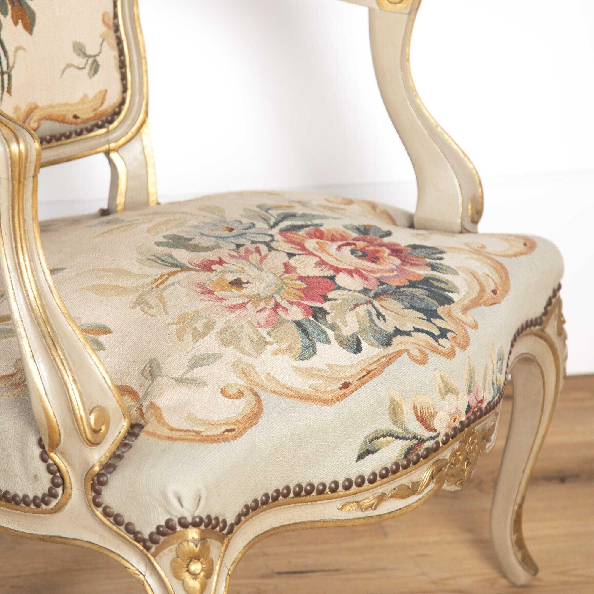 Set of four beautiful mid-19th Century Fauteuils in the Louis XV style. 
With excellent hand-carved details and soft French grey and gilt finish.
With original lovely quality Aubusson tapestry covers. Perfect occasional chairs for a bedroom, library