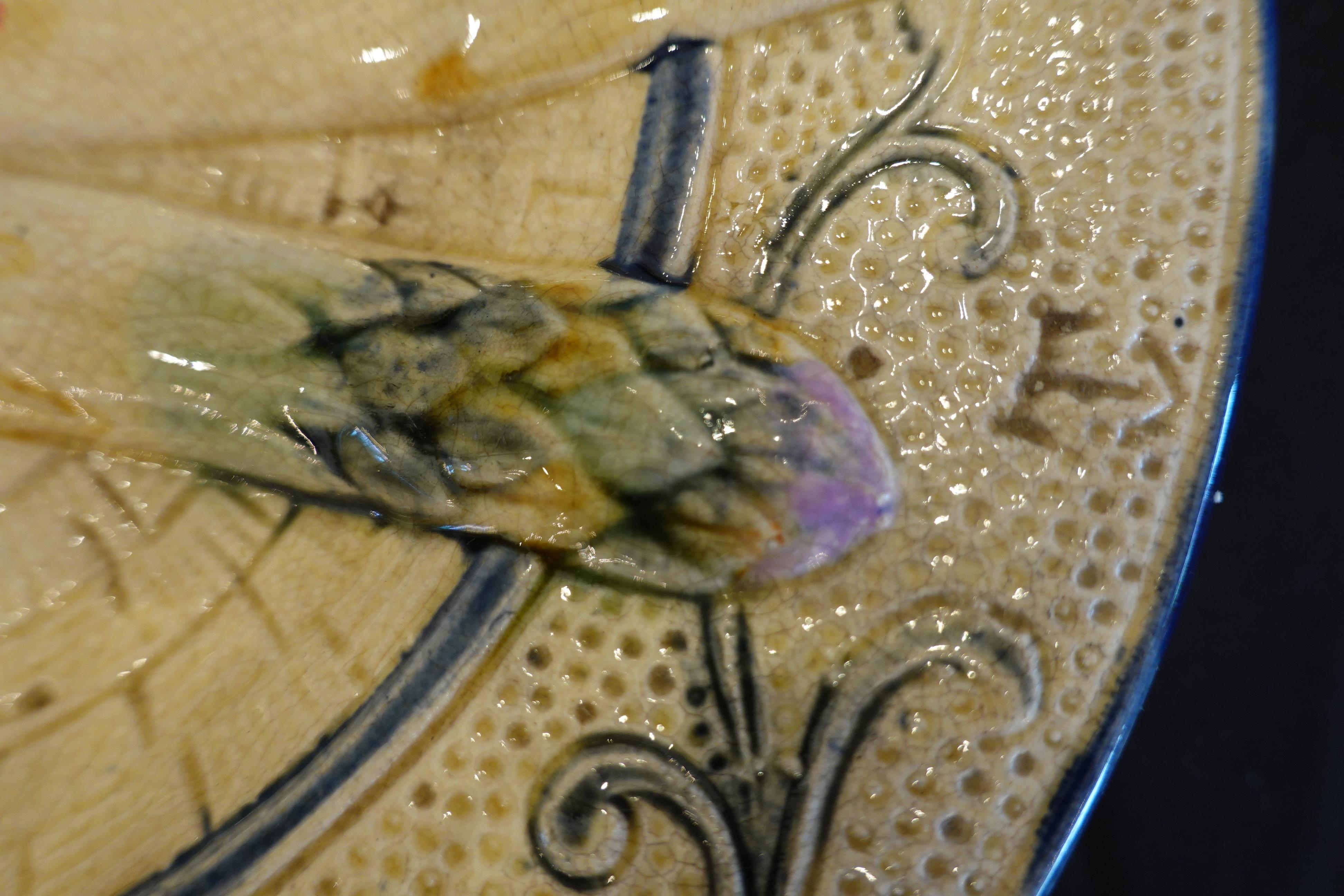 Set of Four 19th Century Majolica Asparagus Plates with Molded Sunflower For Sale 1