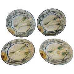 Set of Four 19th Century Majolica Asparagus Plates with Molded Sunflower