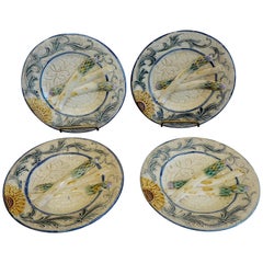 Antique Set of Four 19th Century Majolica Asparagus Plates with Molded Sunflower