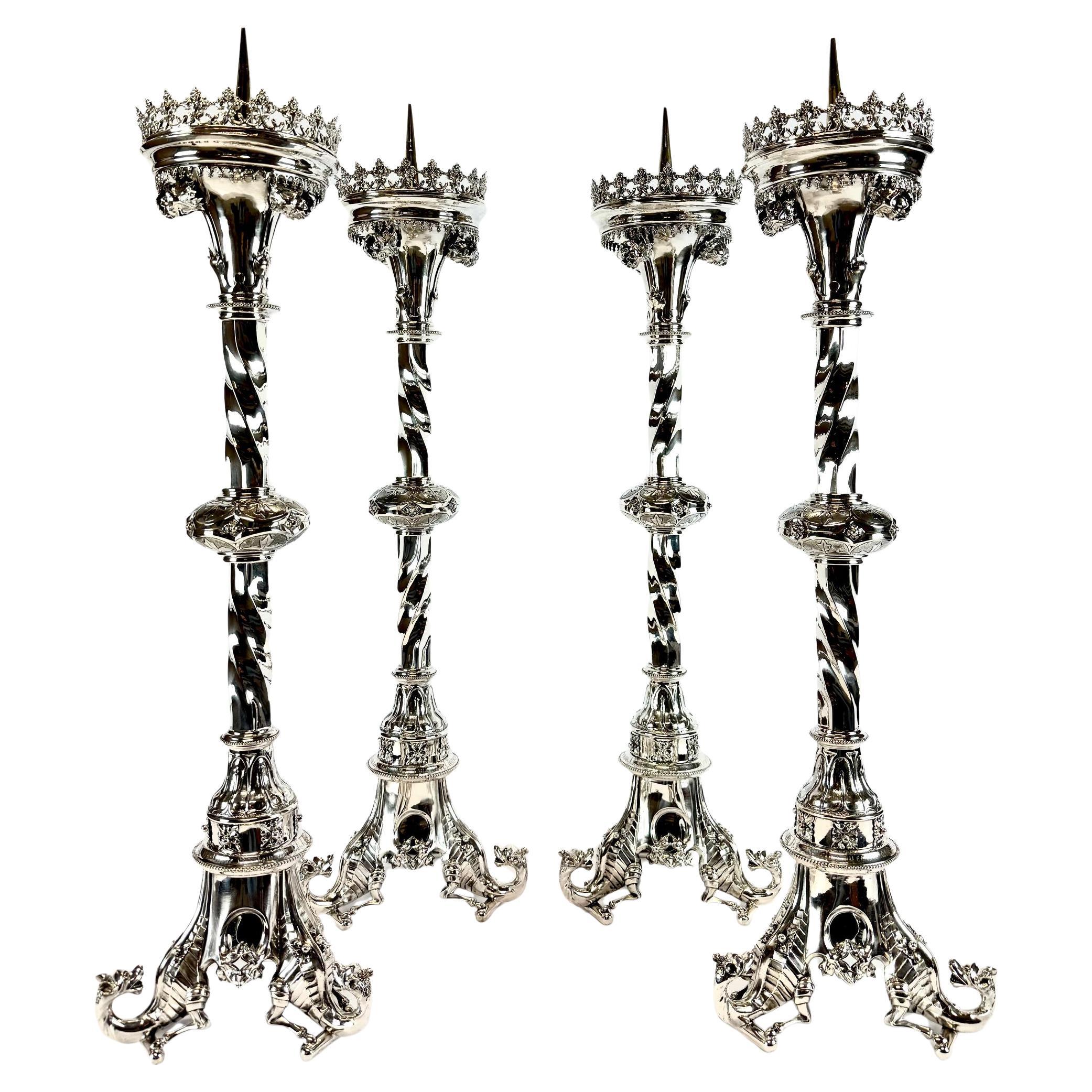set of four 19th century monumental solid silver candlesticks For Sale