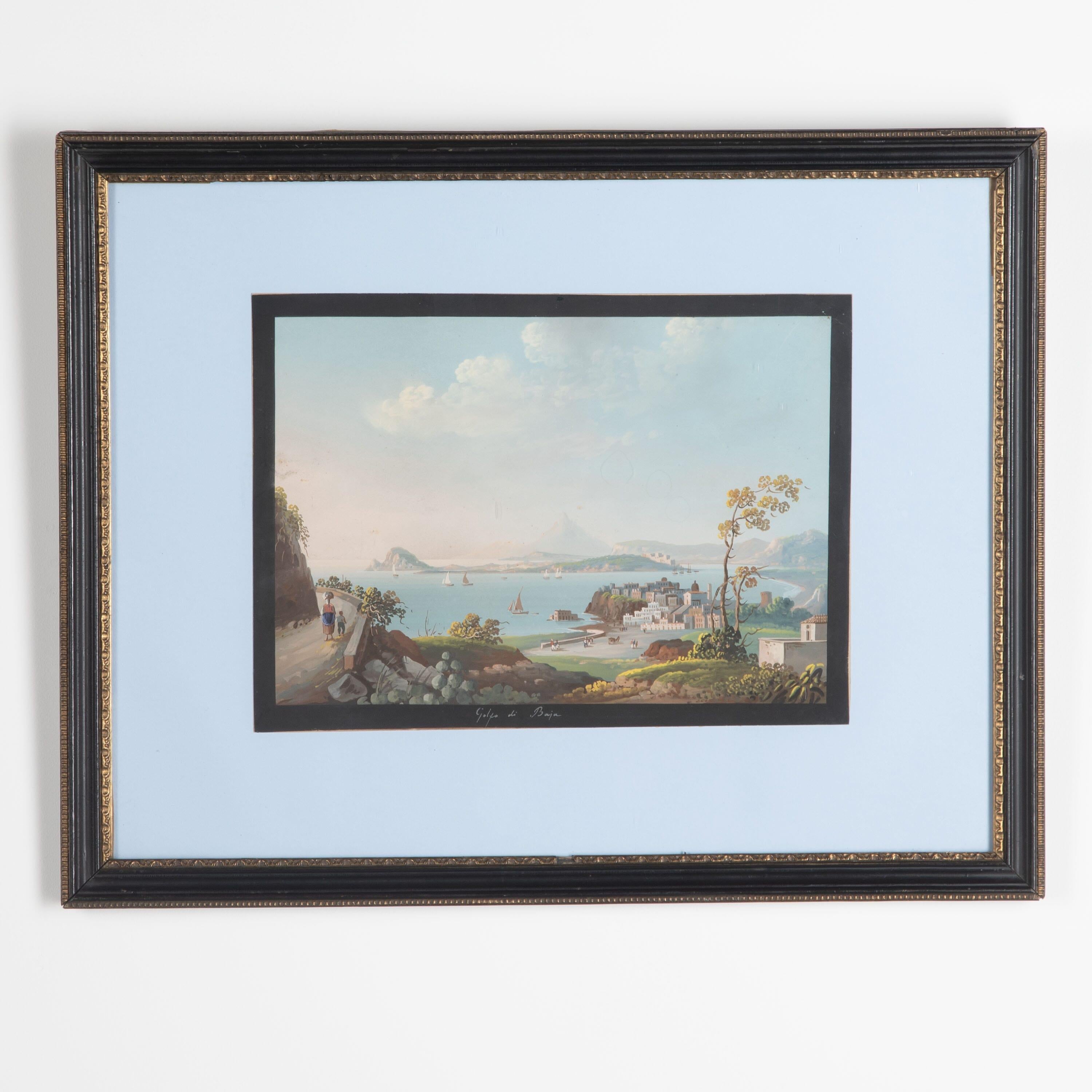 A rare set of 4 exquisitely executed gouaches of Naples and surrounding area, showing unusual scenes of the bays of Amalfi, Sorrento, the golf of Baja (Sardinia) and Tempi Di Pesti in Salerno (Campania). Each with finely detailed scenes of