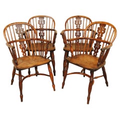 Set of Four 19th Century Nottinghamshire Yew Wood Armchairs