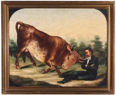 Set of Four 19th Century Oil Paintings Circus Bull Performance, Animal, Folk Art