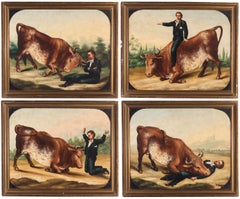 Set of Four 19th Century Oil Paintings Circus Bull Performance, Animal, Folk Art