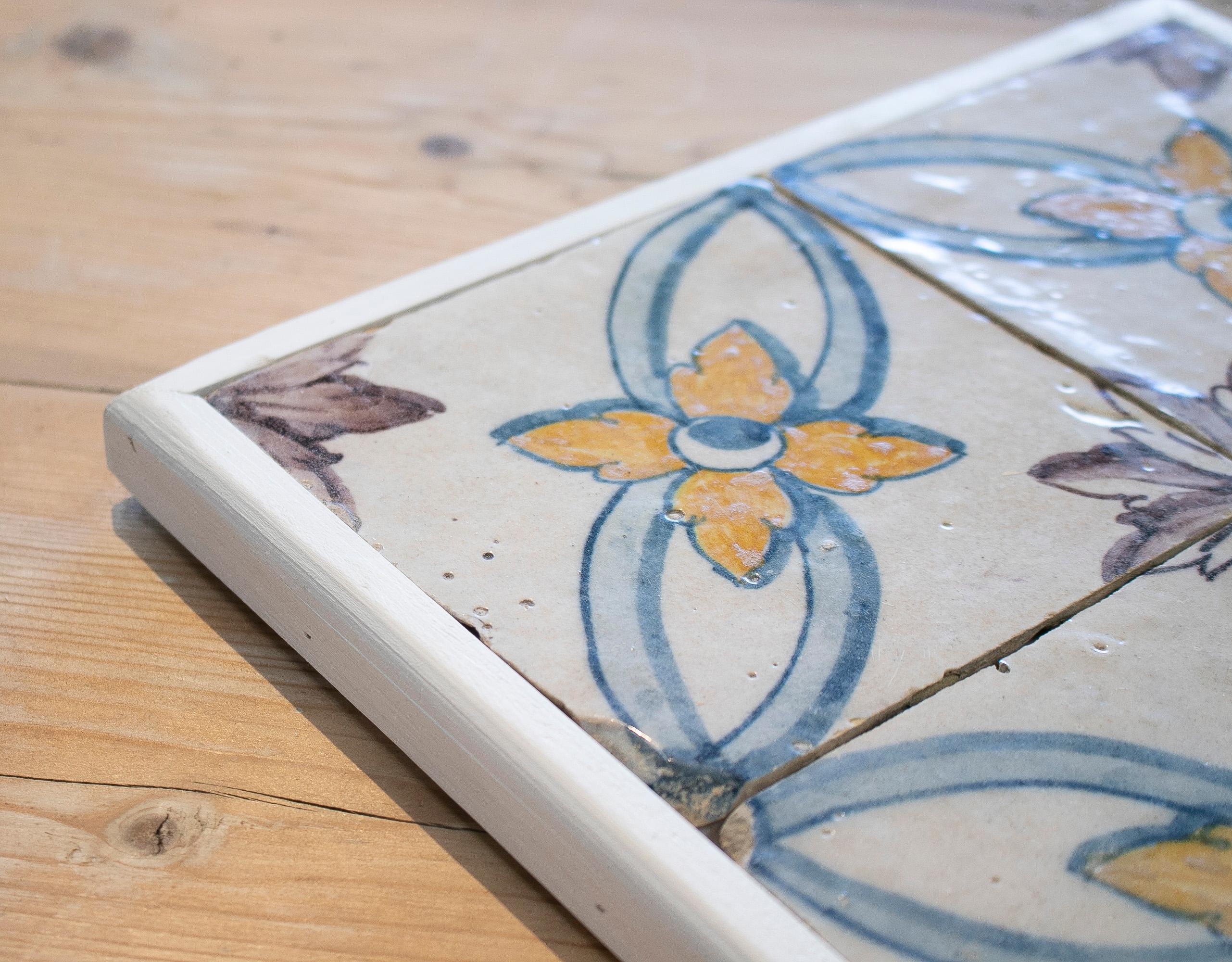 Set of Four 19th Century Portuguese Hand Painted Glazed Ceramic Patterned Tiles For Sale 6
