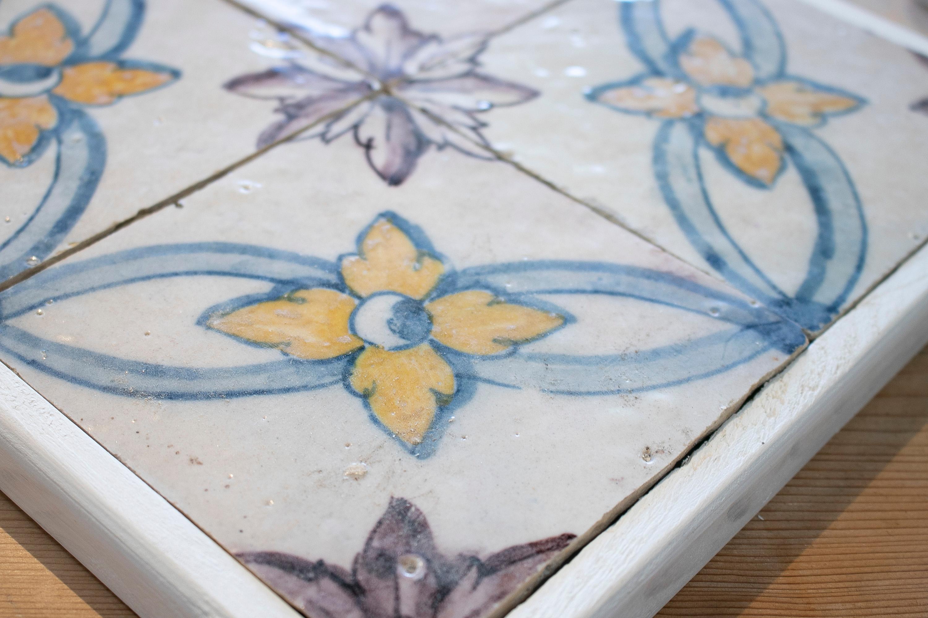 Set of Four 19th Century Portuguese Hand Painted Glazed Ceramic Patterned Tiles For Sale 8