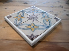 Set of Four 19th Century Portuguese Hand Painted Glazed Ceramic Patterned Tiles
