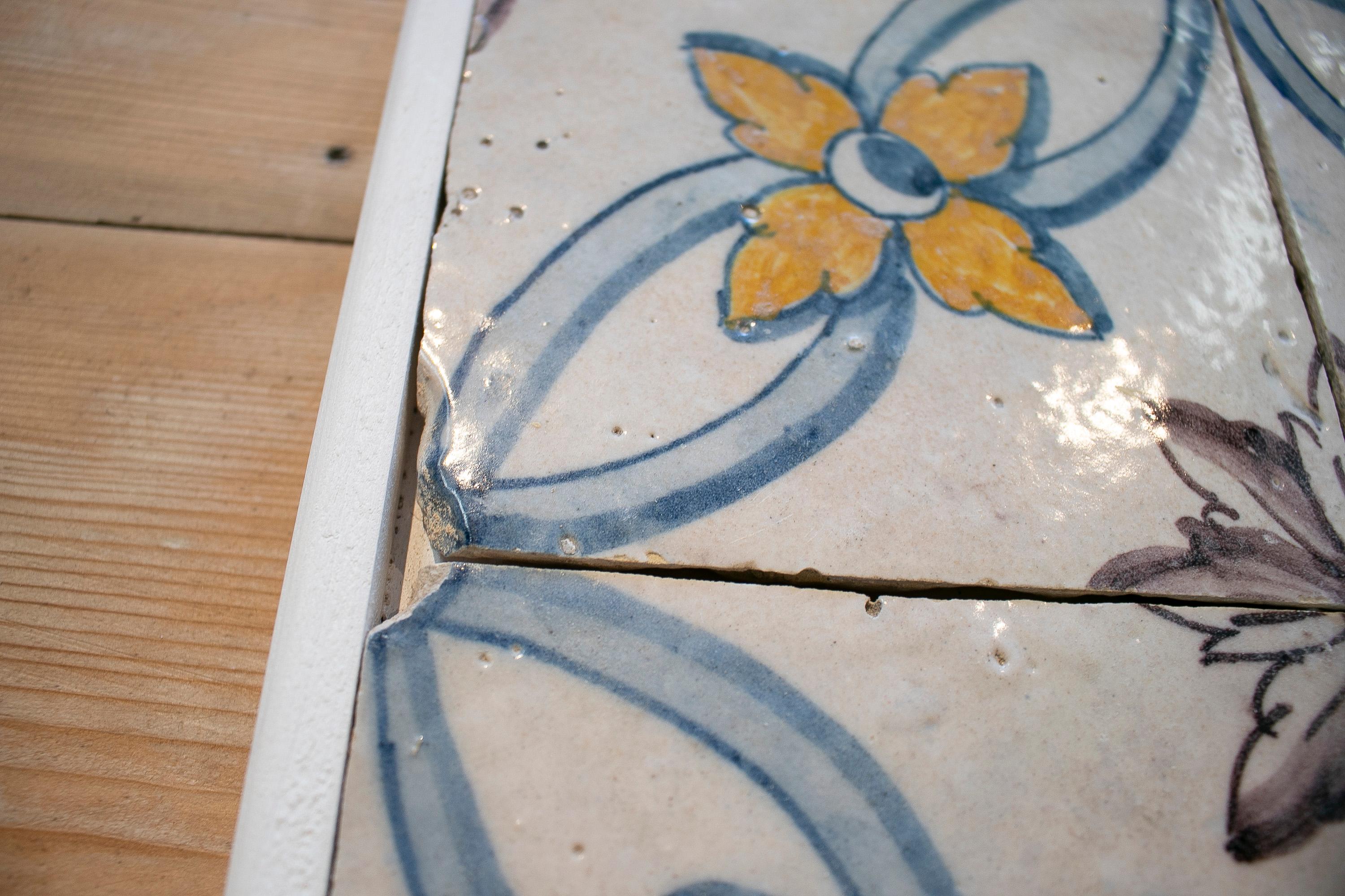 Set of Four 19th Century Portuguese Hand Painted Glazed Ceramic Patterned Tiles For Sale 1