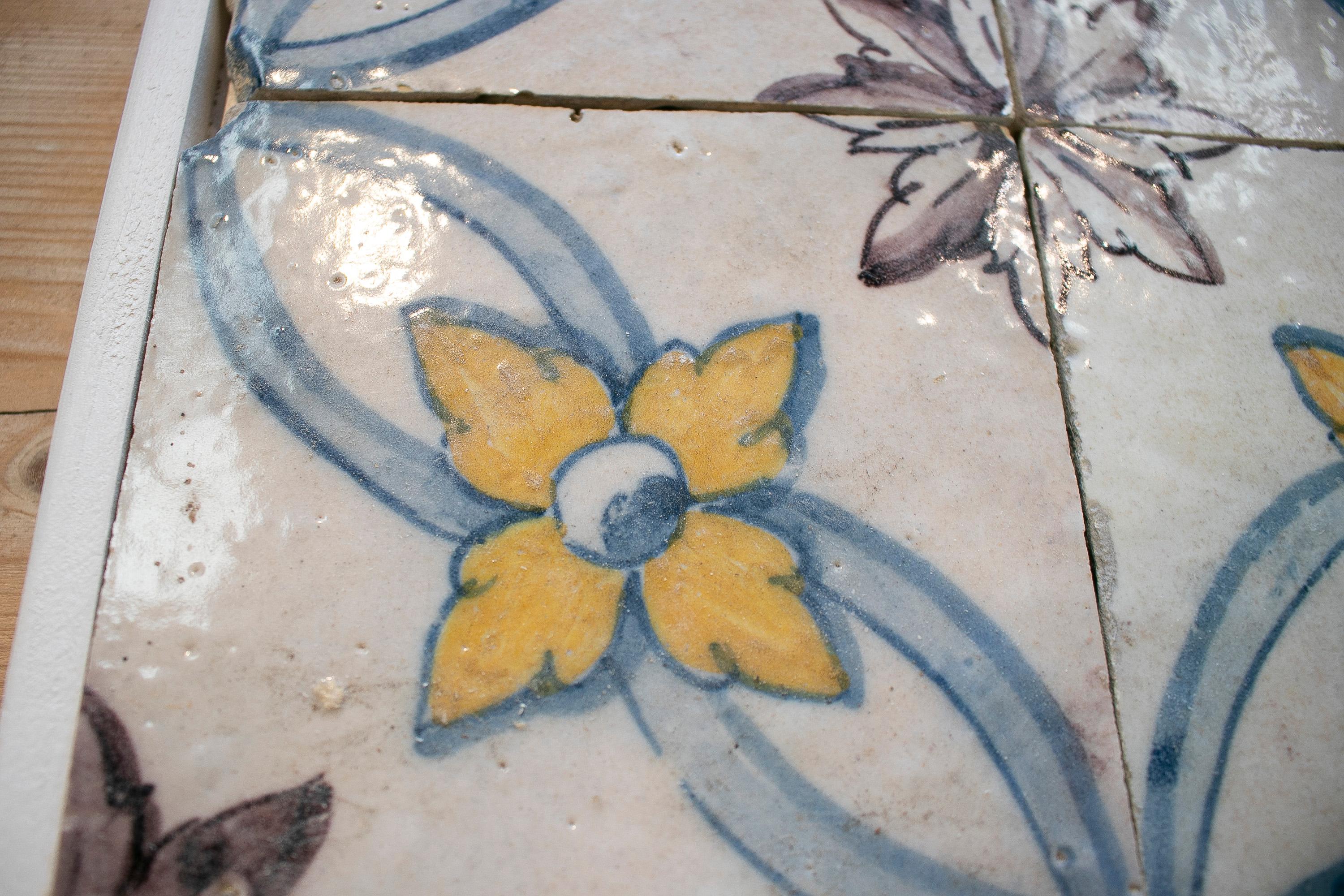 Set of Four 19th Century Portuguese Hand Painted Glazed Ceramic Patterned Tiles For Sale 2