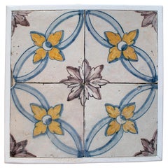 Set of Four 19th Century Portuguese Hand Painted Glazed Ceramic Patterned Tiles