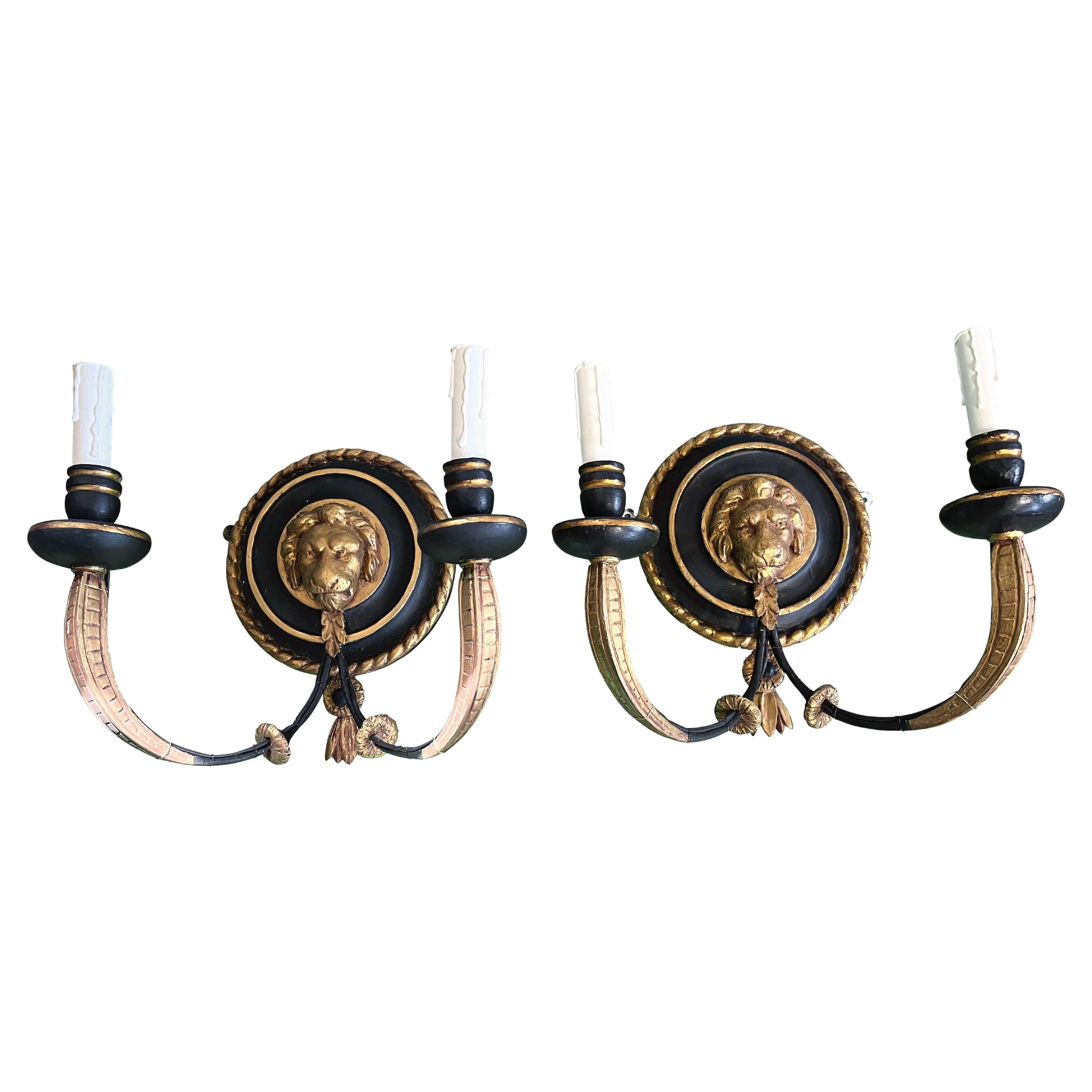 Set of Four 19th Century Regency Carved Ebonized & Gilt Lions Head Wall Lights For Sale