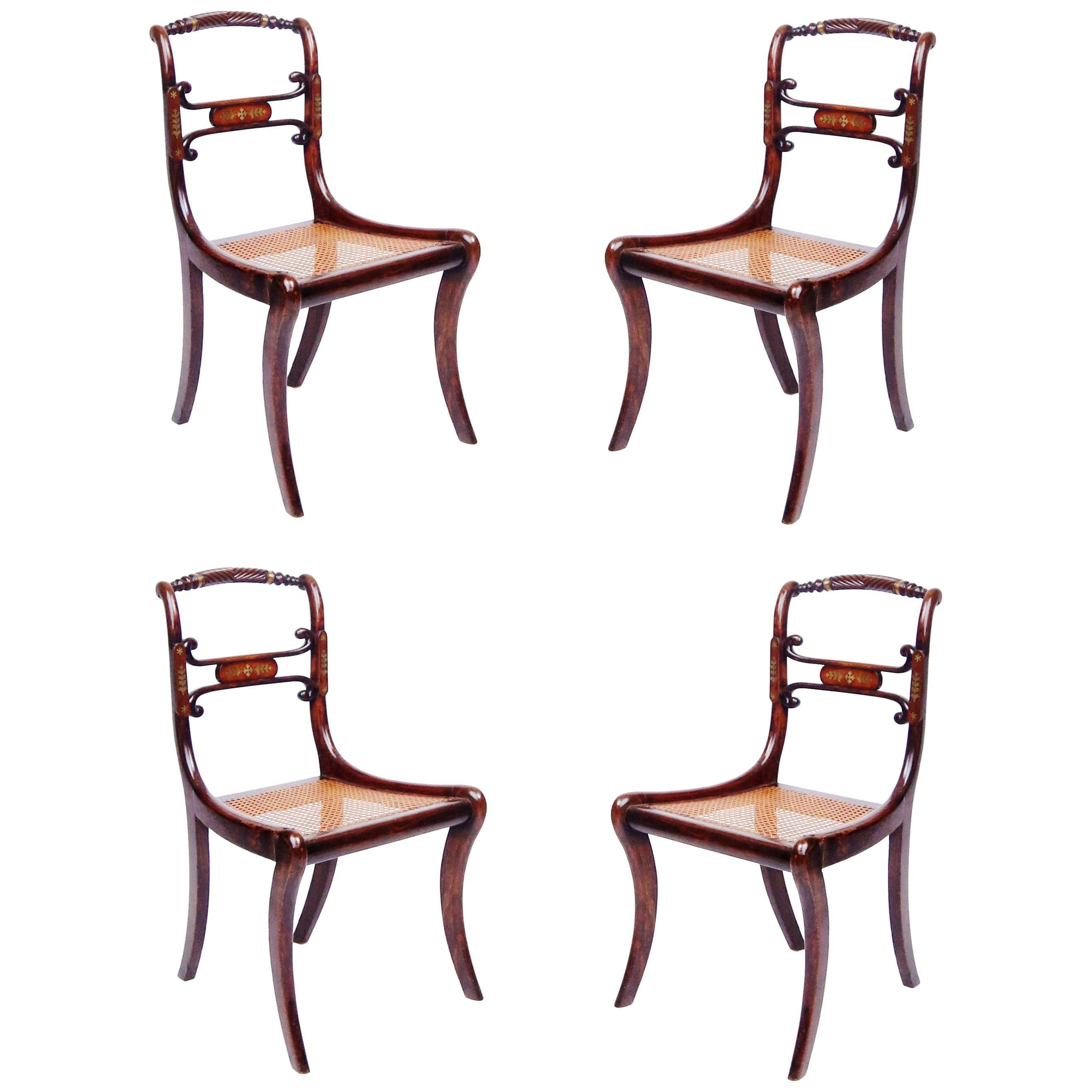 Set of Four 19th Century Regency Faux Rosewood Cane Chairs with Brass Inlay