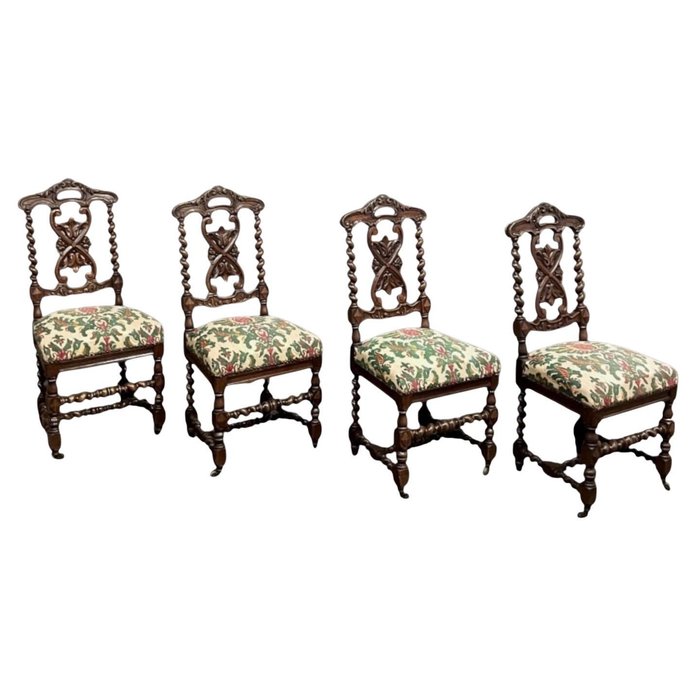 Set of Four 19th Century Renaissance / Louis XIII Style Barley Twist Side Chairs