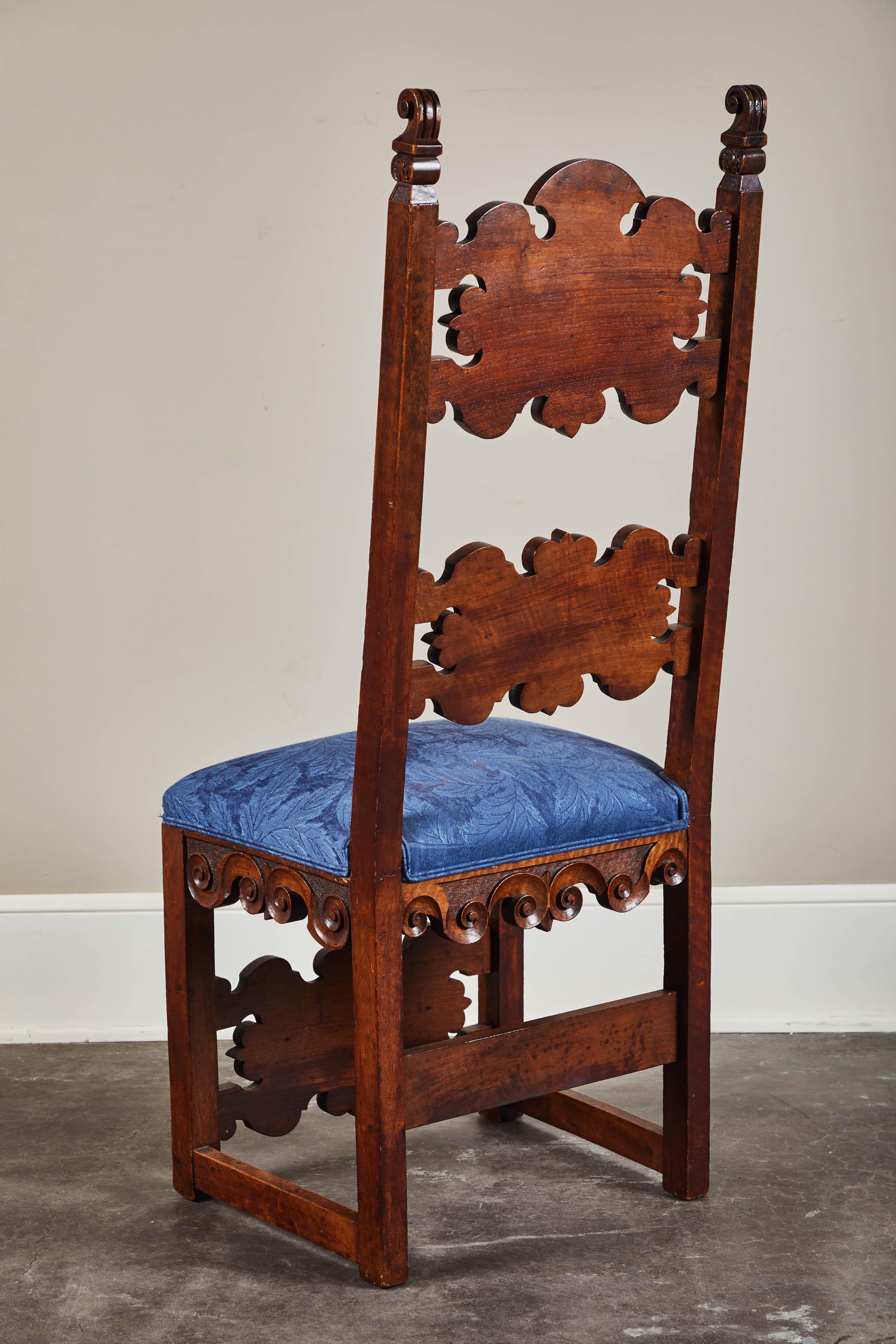 Inlay Set of Four 19th Century Spanish Walnut Renaissance Style Dining Chairs For Sale