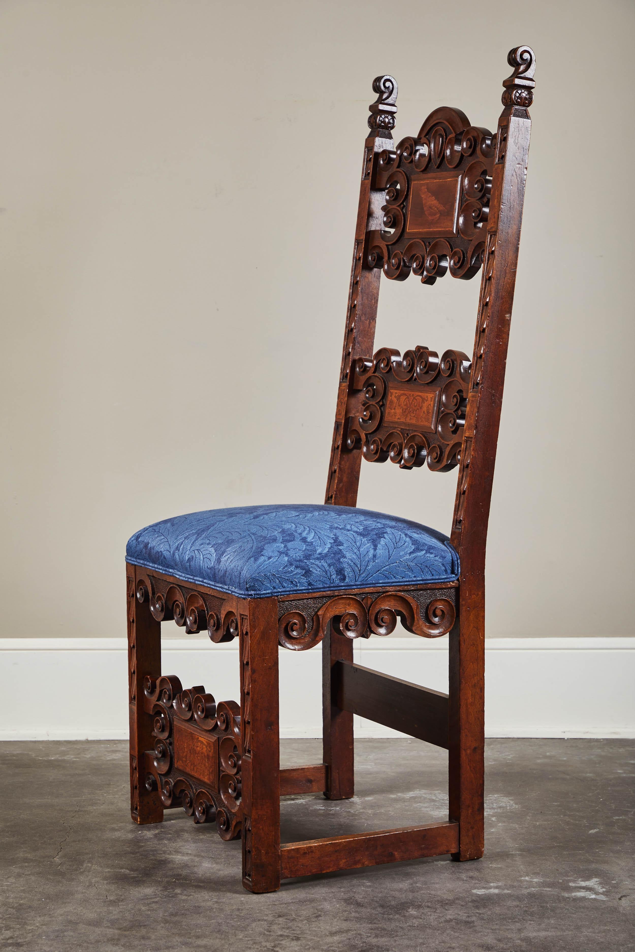 Set of Four 19th Century Spanish Walnut Renaissance Style Dining Chairs For Sale 1