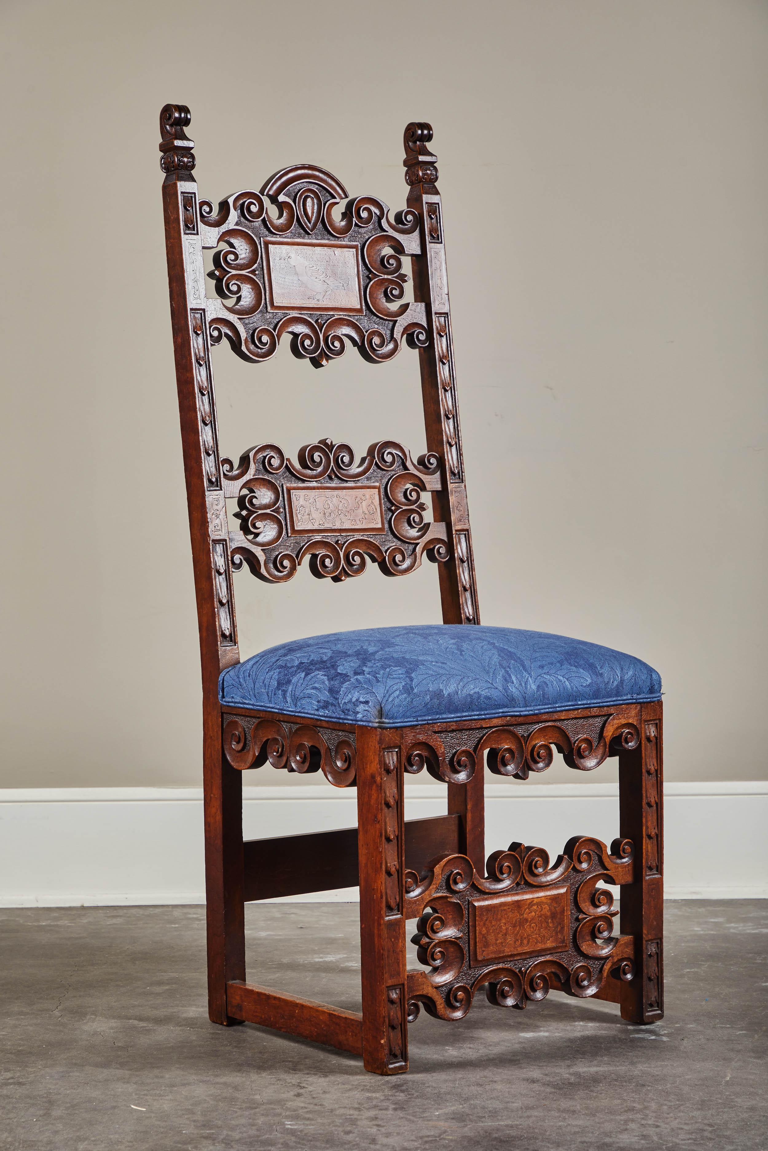 Set of Four 19th Century Spanish Walnut Renaissance Style Dining Chairs For Sale 2