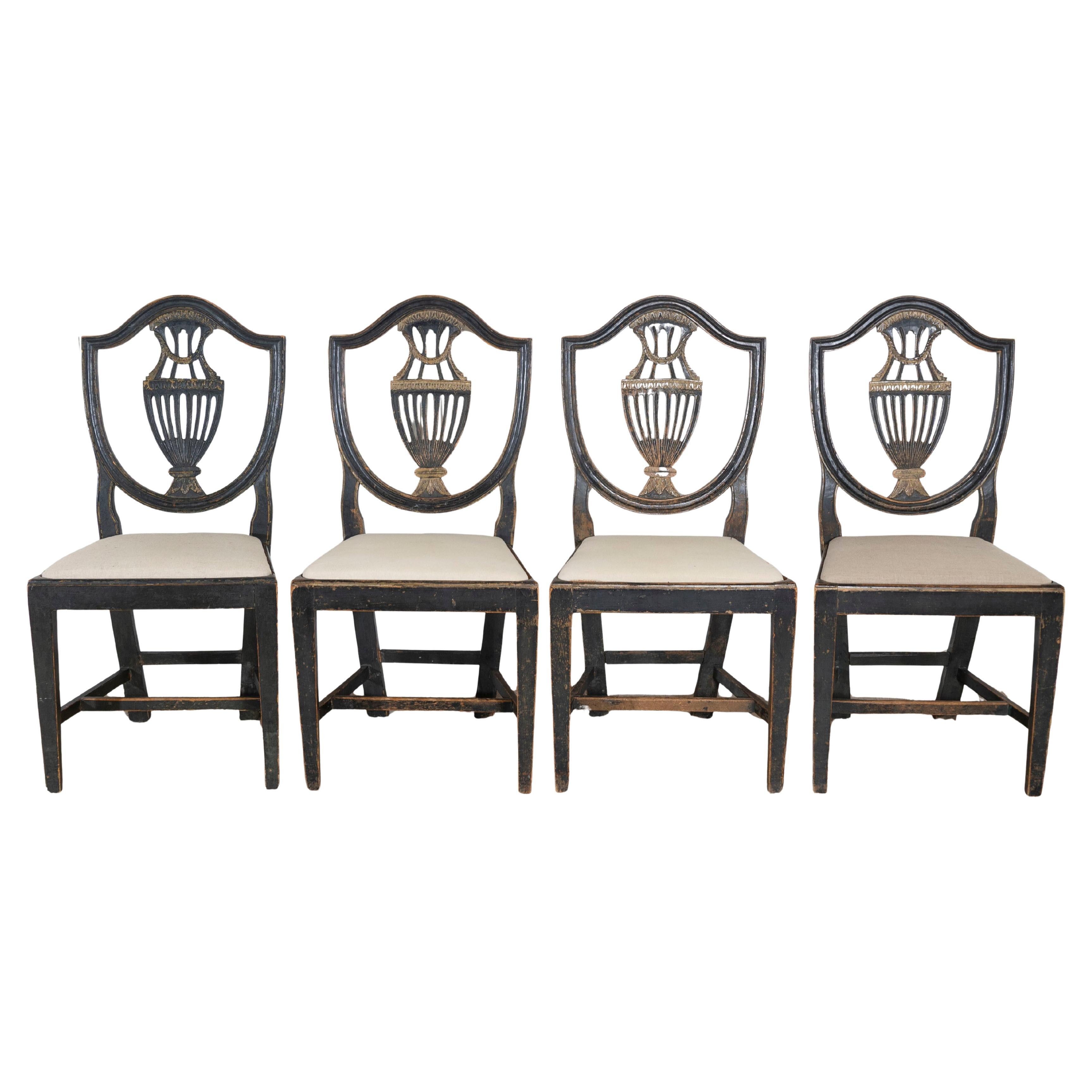 Set of Four 19th Century Swedish Blackened Wood and Gilt Lyre-Back Chairs